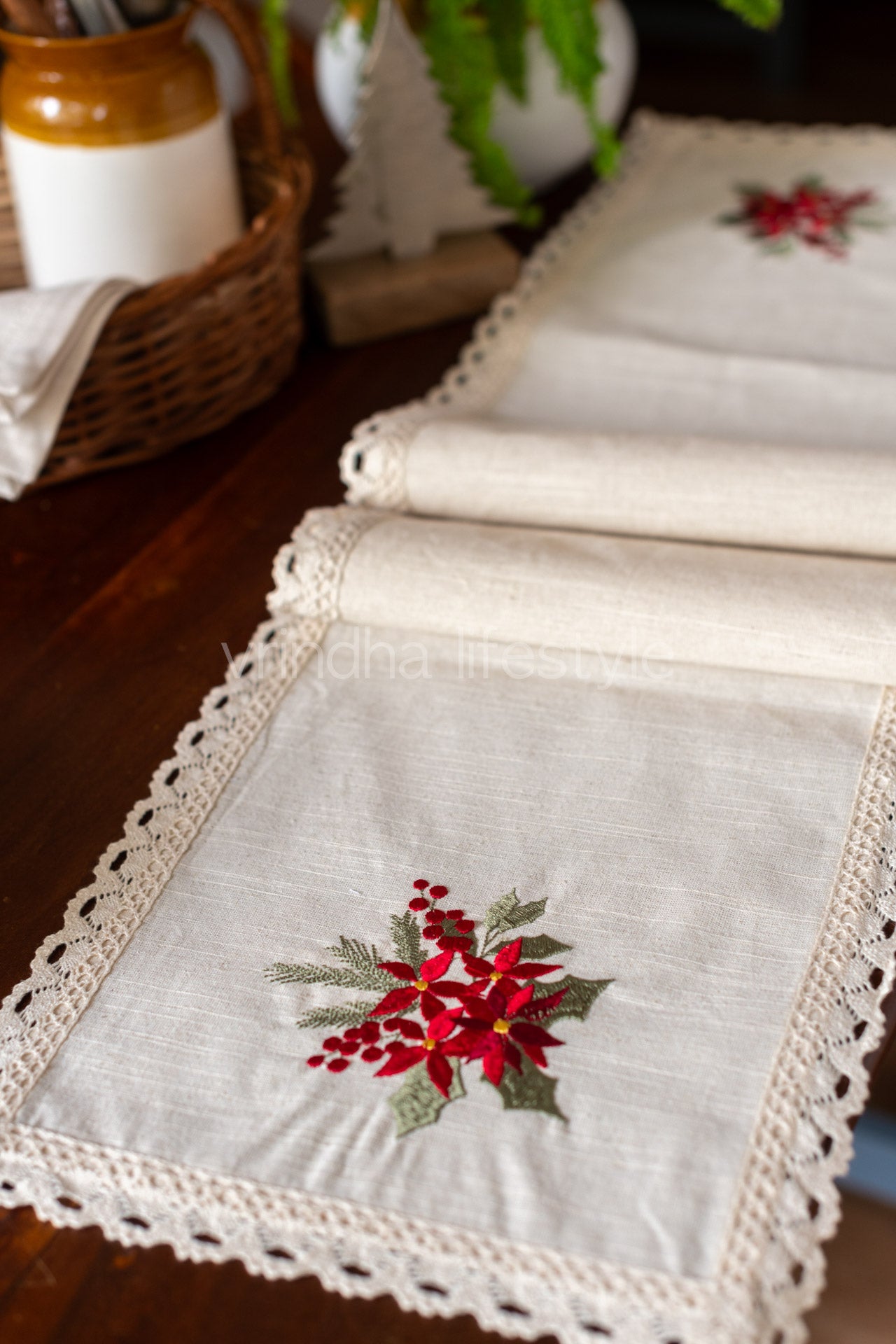 Cotton runner with embroidery and lace detaililng - 11x50 inches