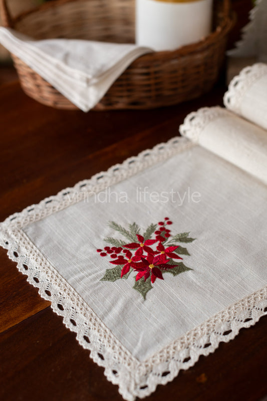 Cotton runner with embroidery and lace detaililng - 11x50 inches