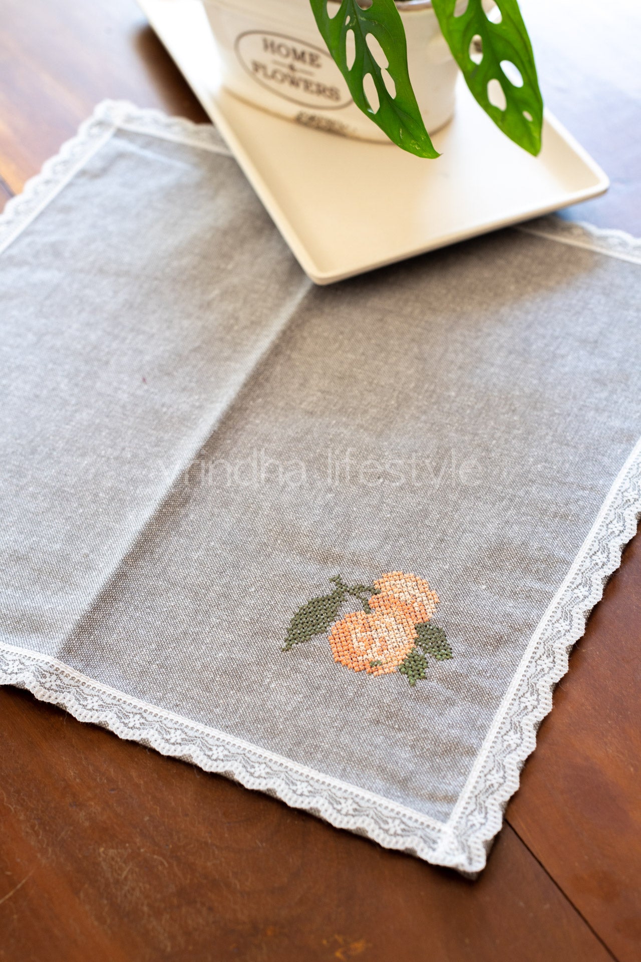 Cotton tray mat with embroidery and lace detailing-customisable