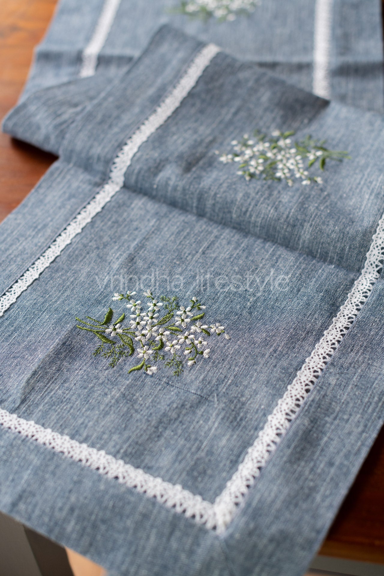 Cotton runner with embroidery and lace detailing- 14x48inches