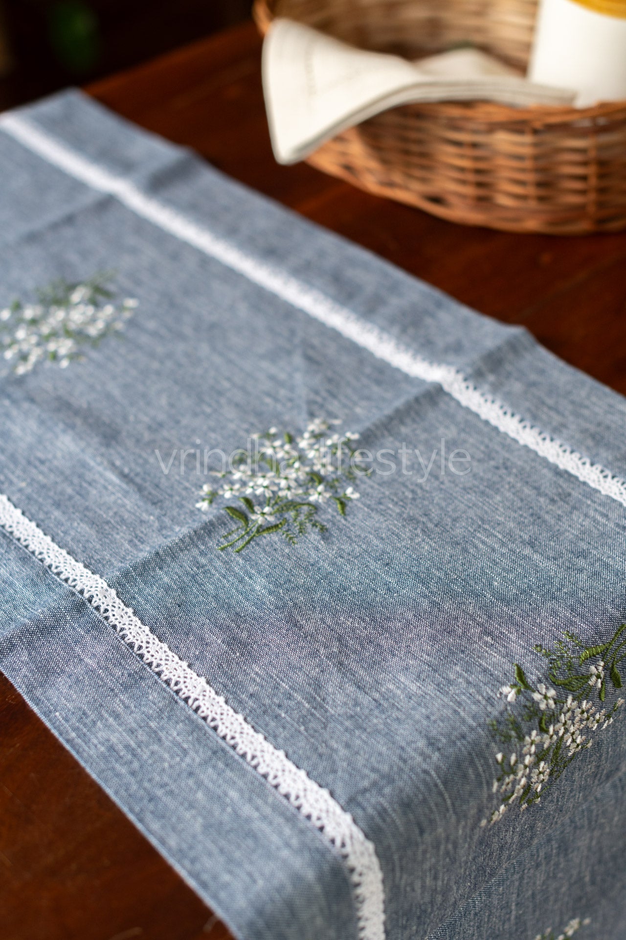 Cotton runner with embroidery and lace detailing- 14x48inches
