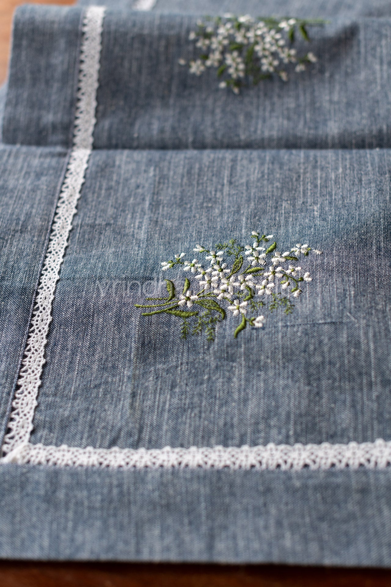 Cotton runner with embroidery and lace detailing- 14x48inches