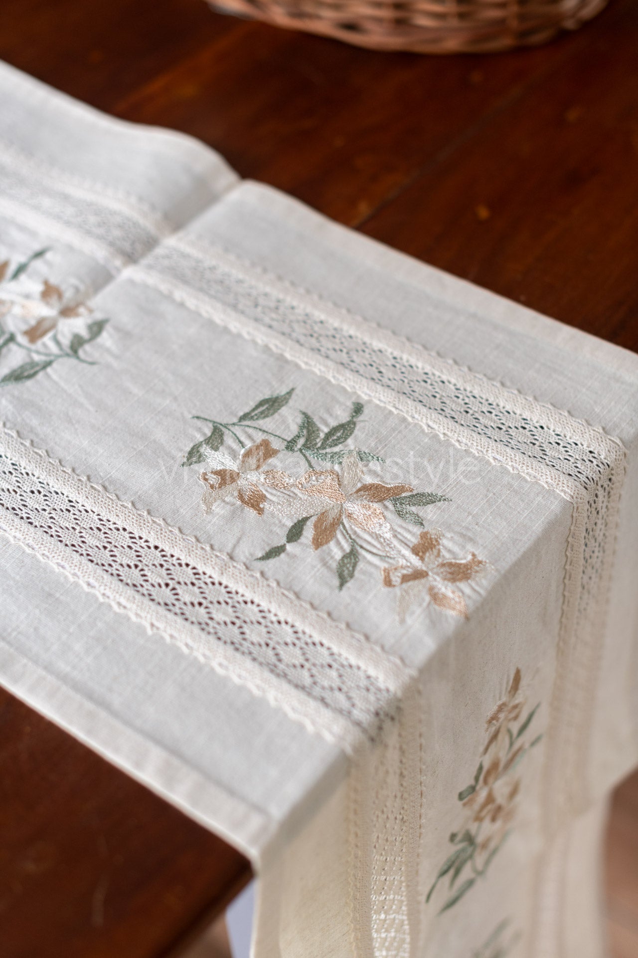Cotton table runner with floral embroidery and lace detailing -customisable