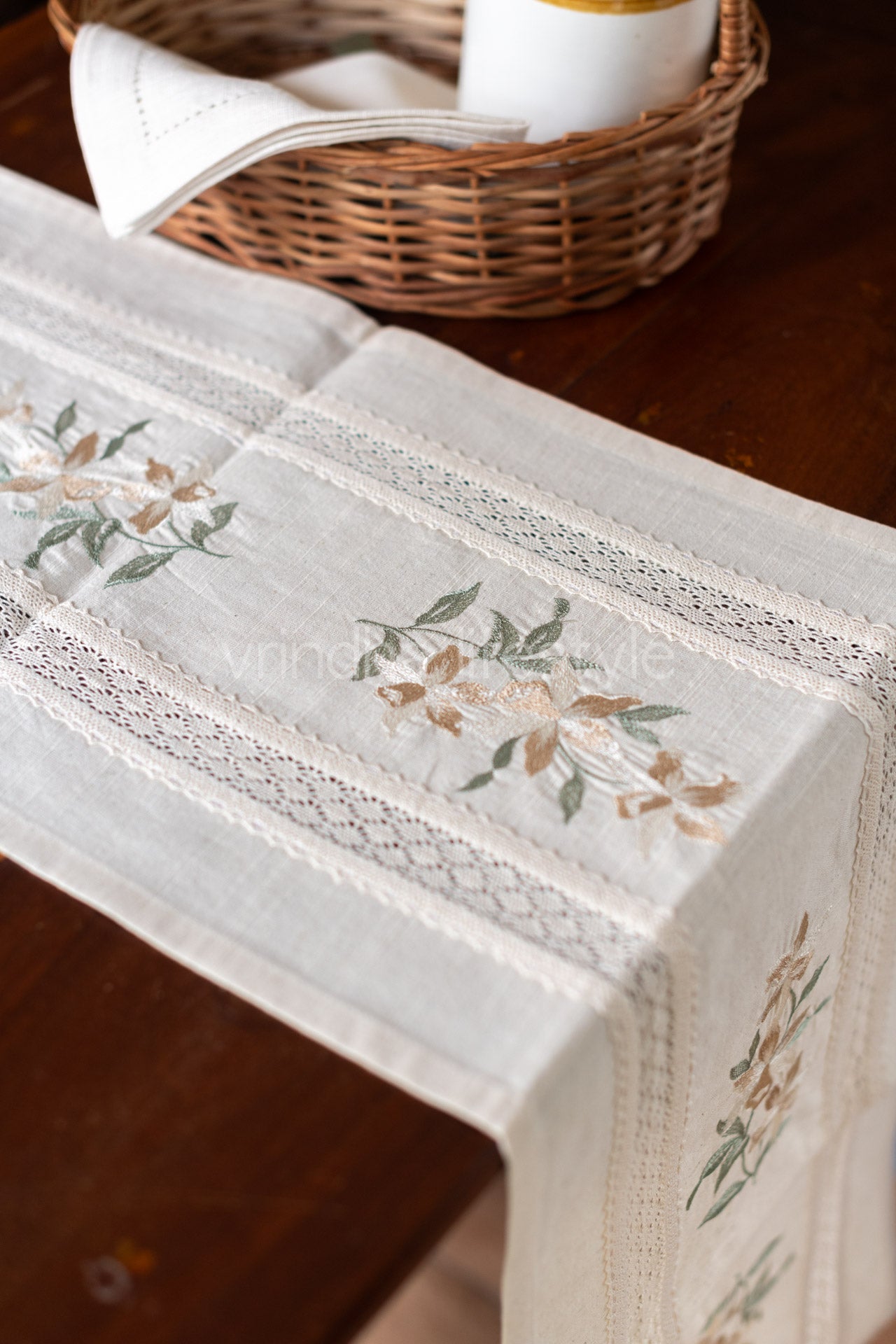 Cotton table runner with floral embroidery and lace detailing -customisable