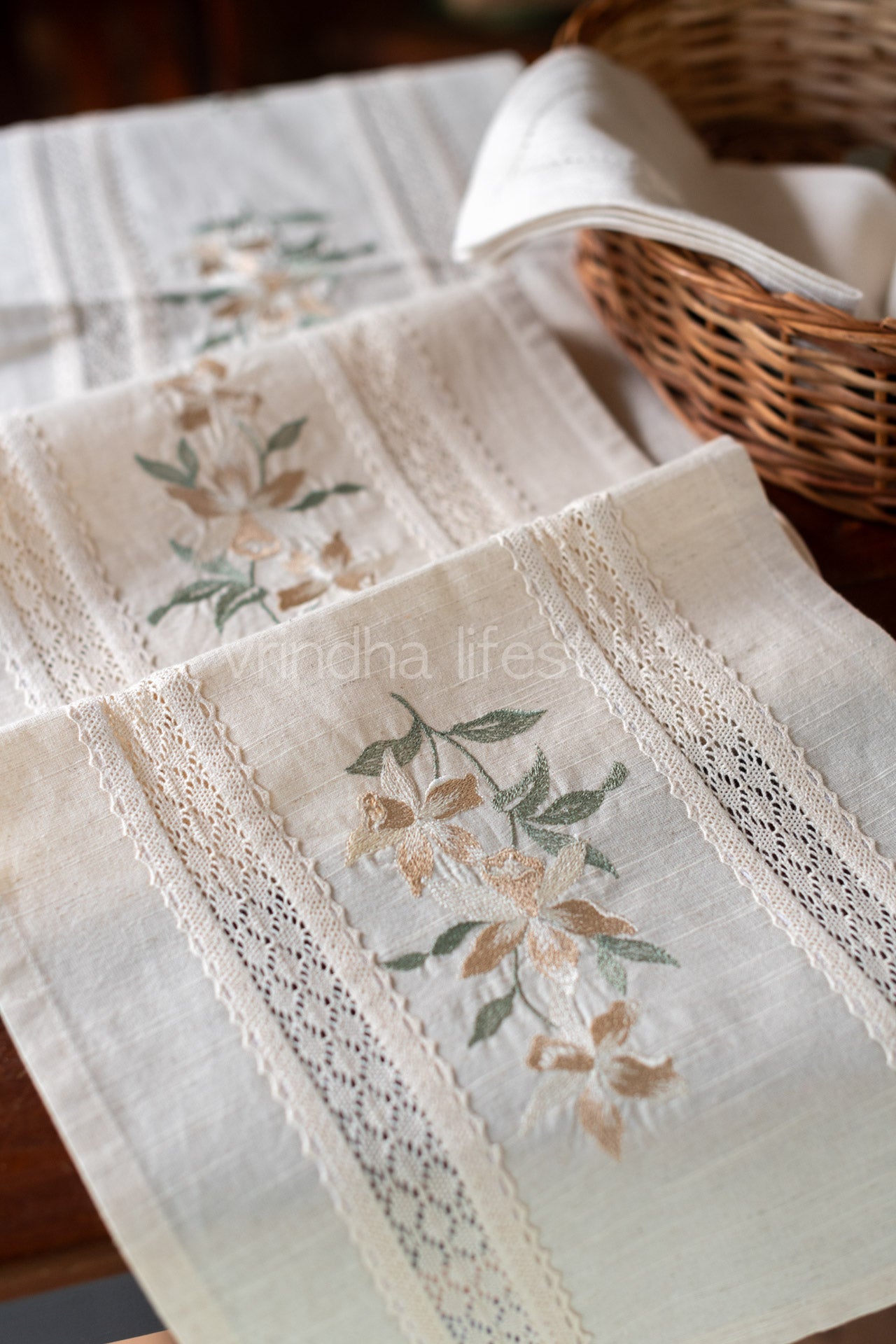 Cotton table runner with floral embroidery and lace detailing -customisable