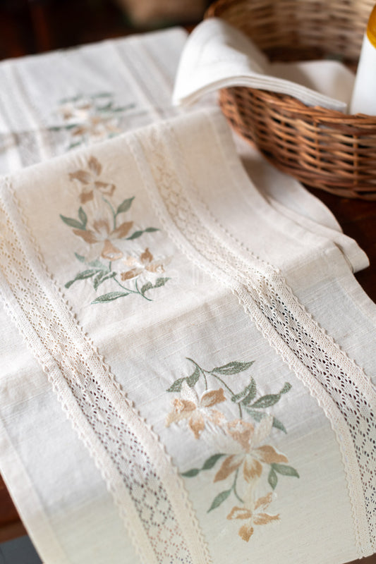 Cotton table runner with floral embroidery and lace detailing -customisable