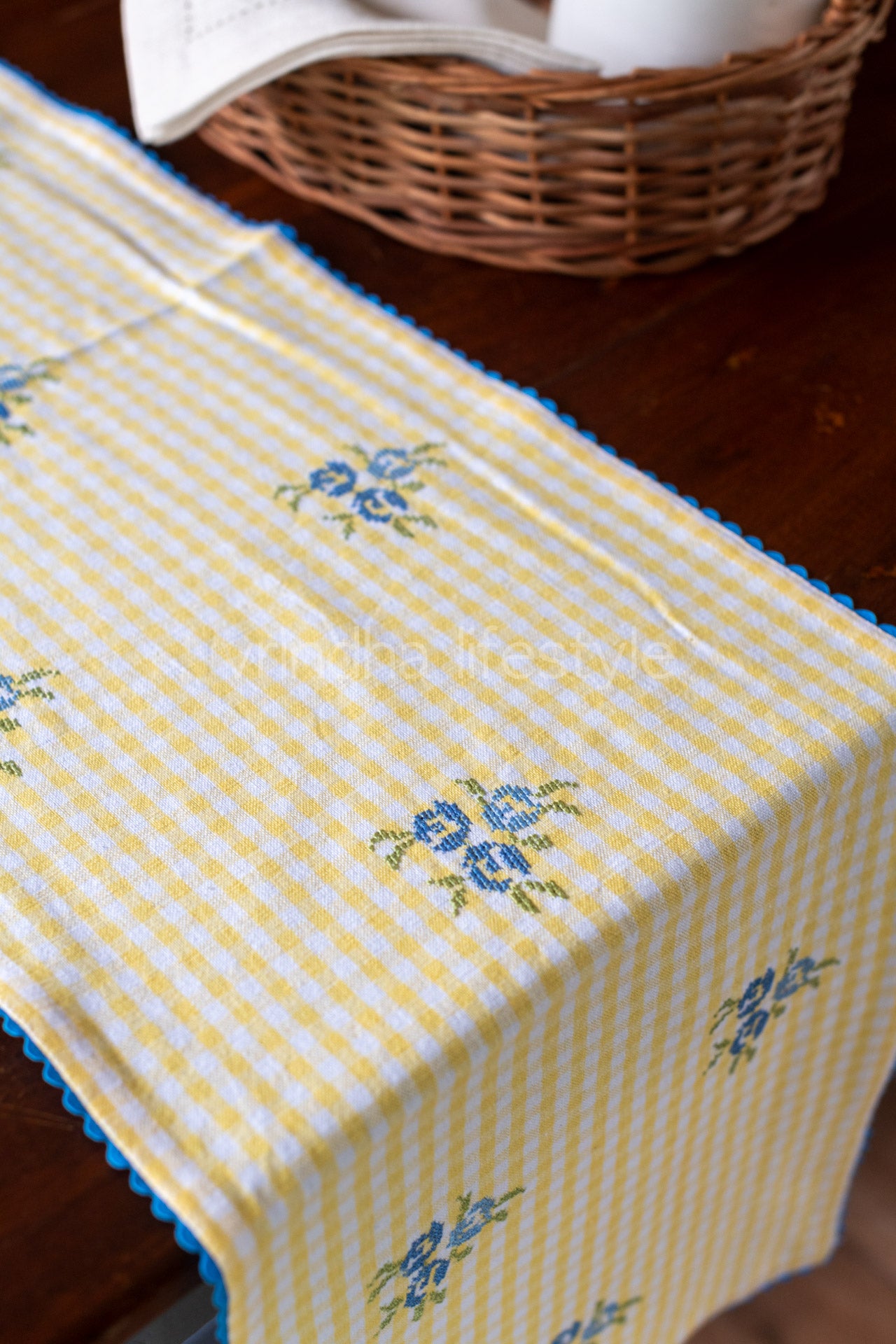 Cotton table runner with floral embroidery and lace detailing11.5x54 inches