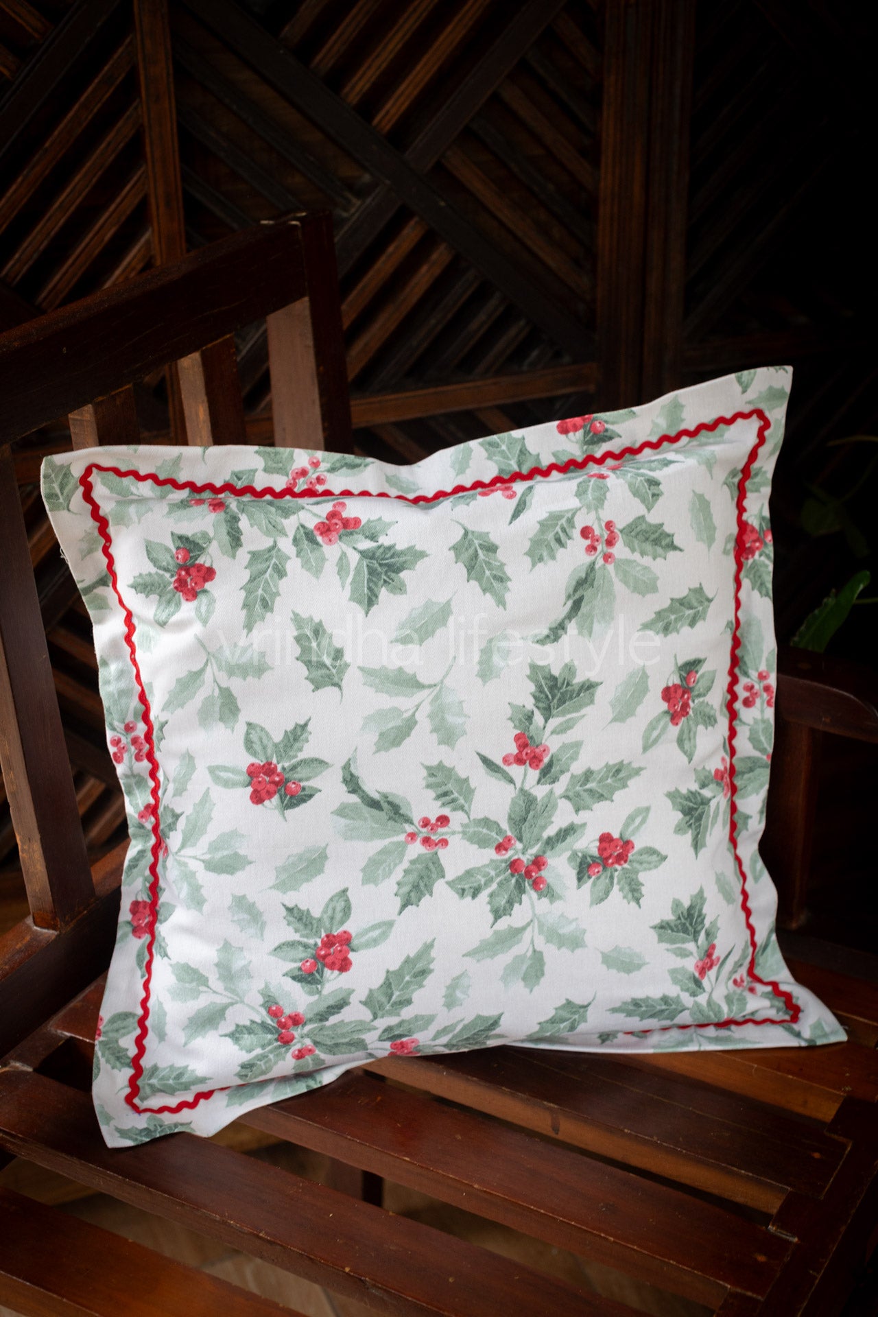 Printed cotton cushion cover with lace detailing  with flap opening -16 inches