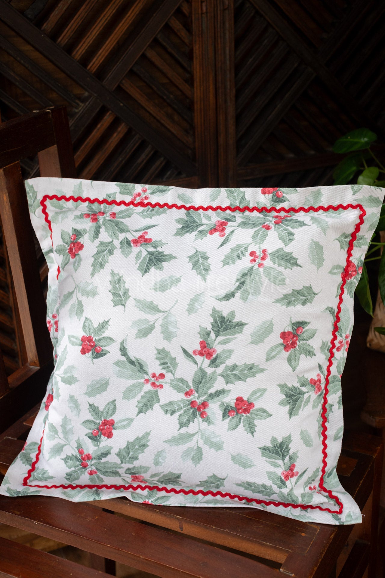 Printed cotton cushion cover with lace detailing  with flap opening -16 inches
