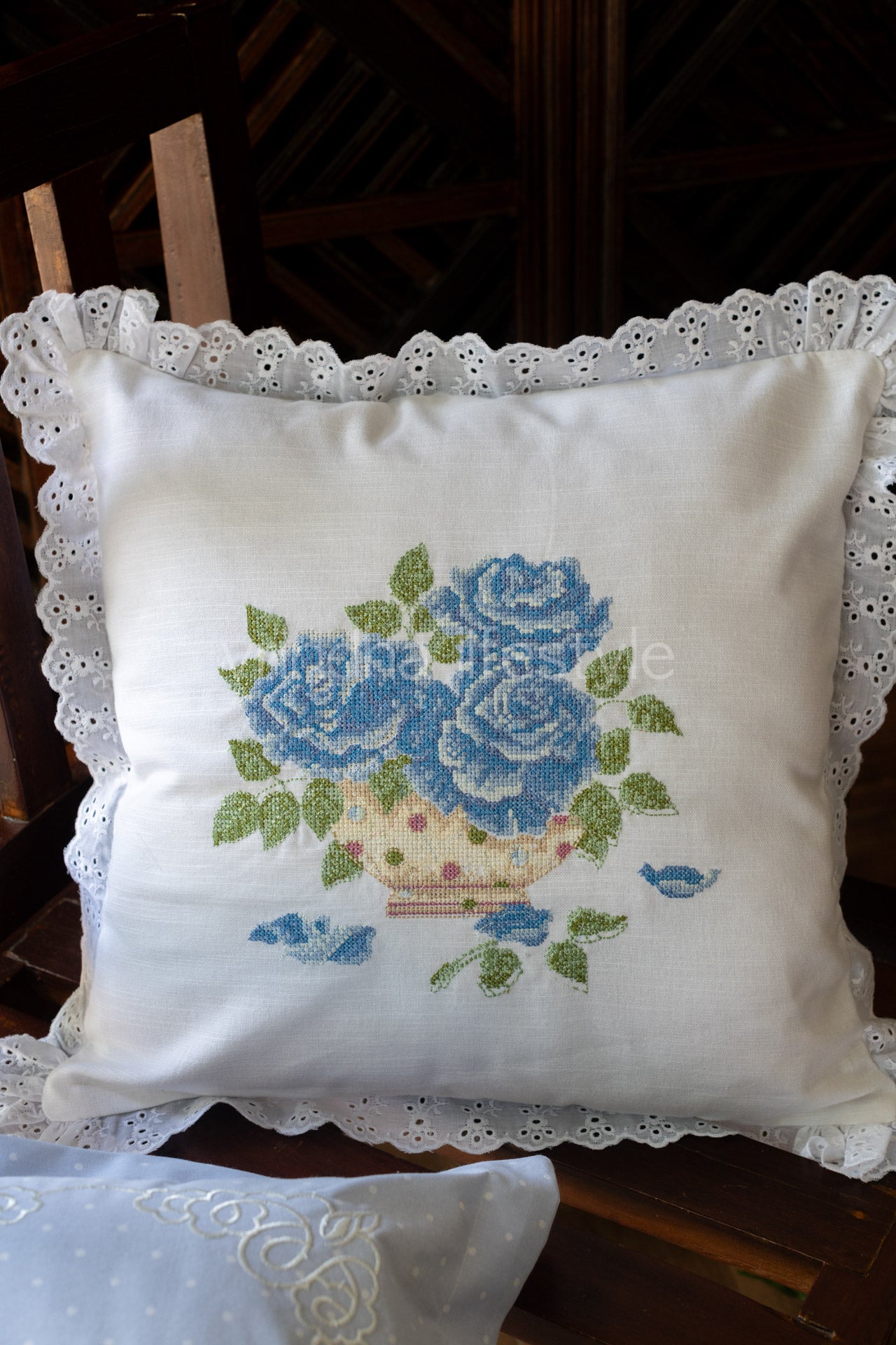 cotton cushion cover with embroidery and lace detailing -Single unit- 16x16 inches( Customisable)