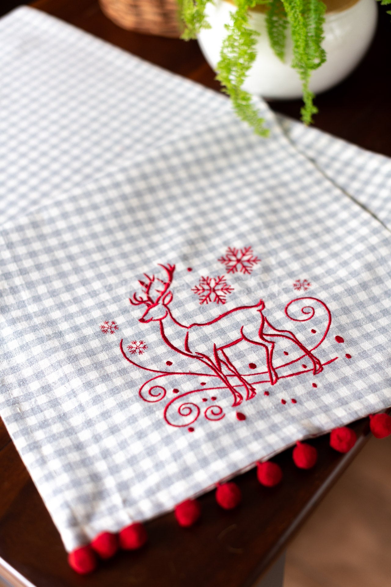 Cotton runner with embroidery and pom poms- 14x60 inches-customisable