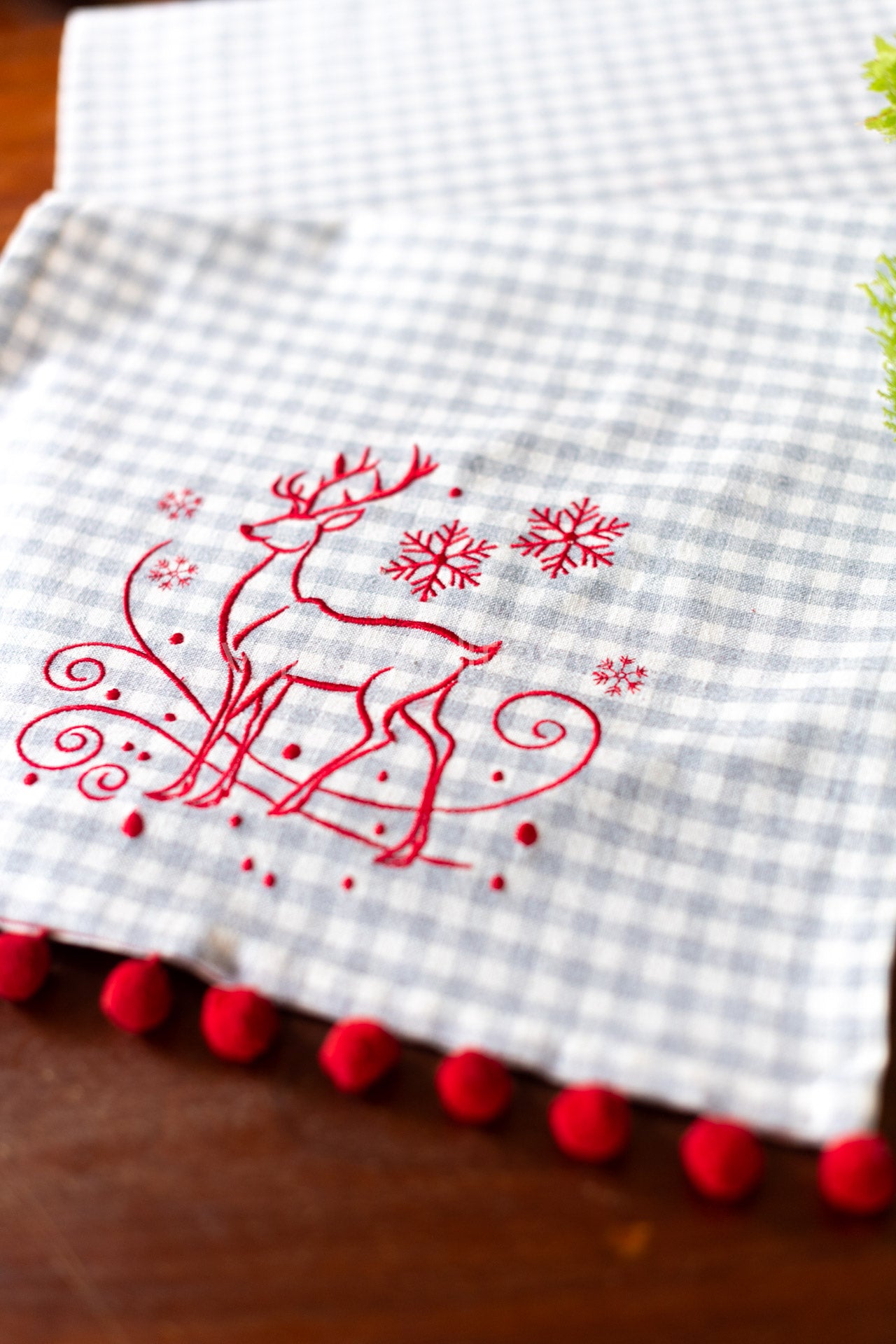 Cotton runner with embroidery and pom poms- 14x60 inches-customisable