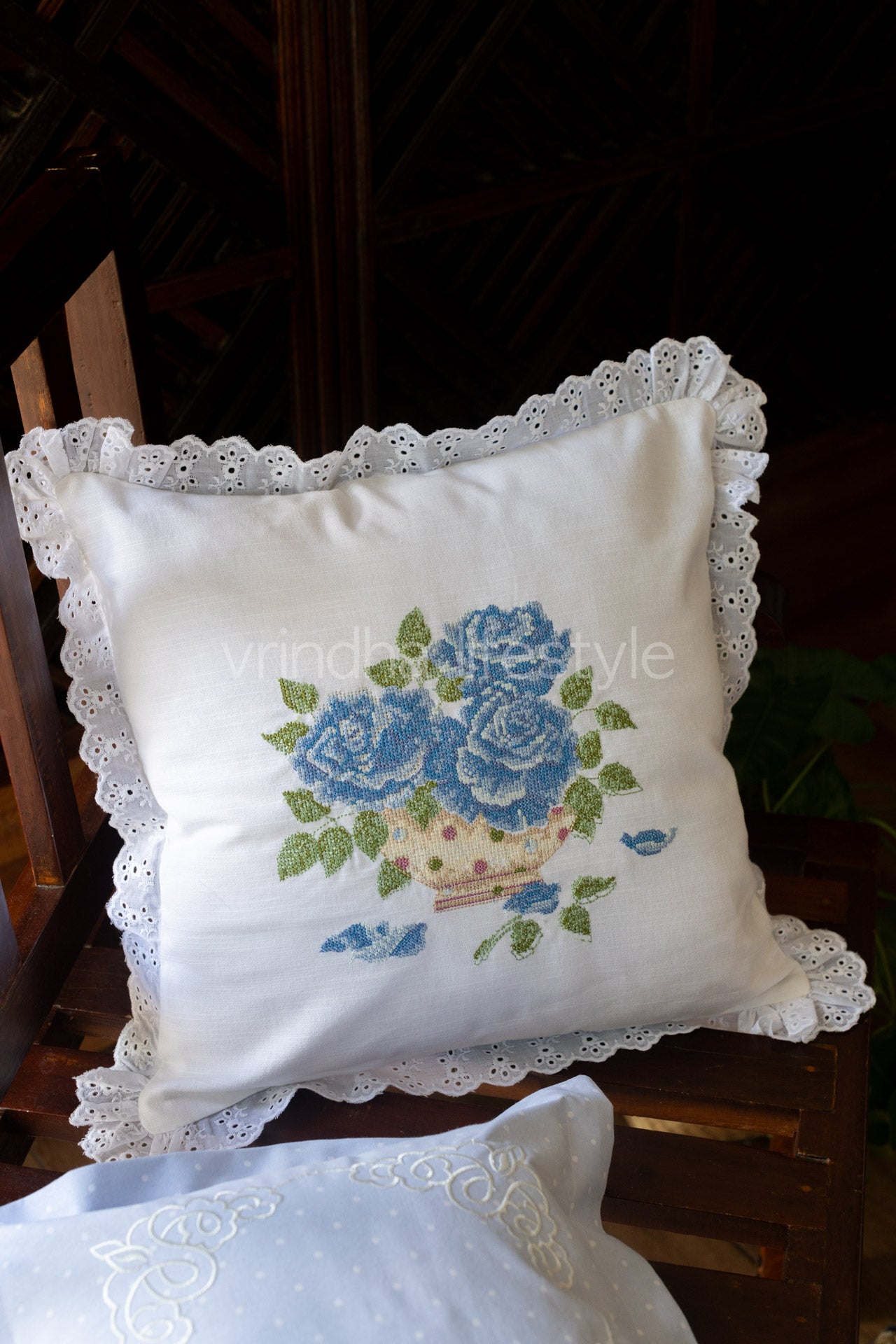 cotton cushion cover with embroidery and lace detailing -Single unit- 16x16 inches( Customisable)