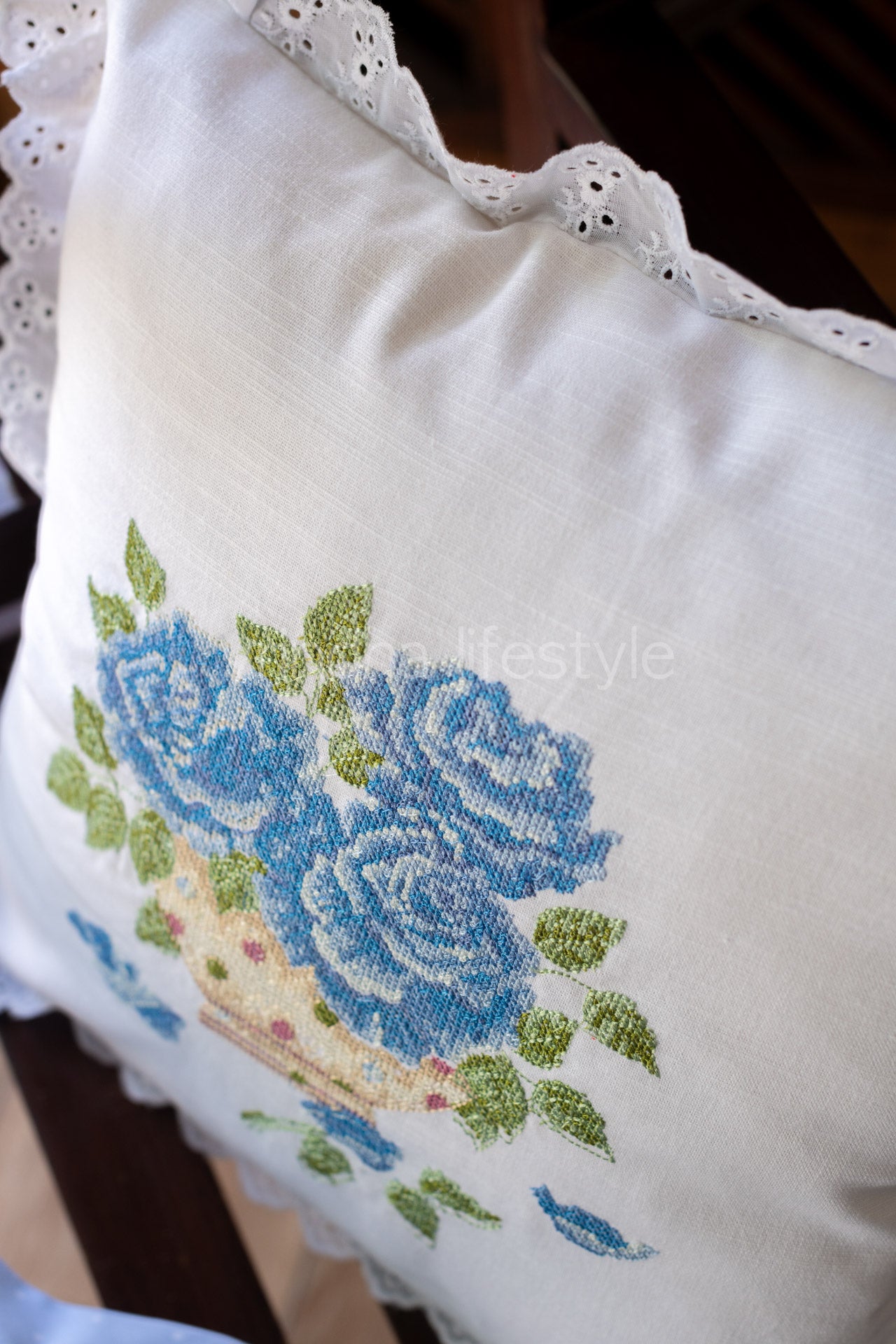 cotton cushion cover with embroidery and lace detailing -Single unit- 16x16 inches( Customisable)