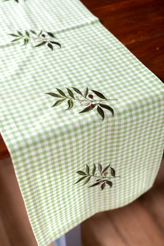 Cotton table runner with embroidery ,green checks- 14x54 inches-customisable