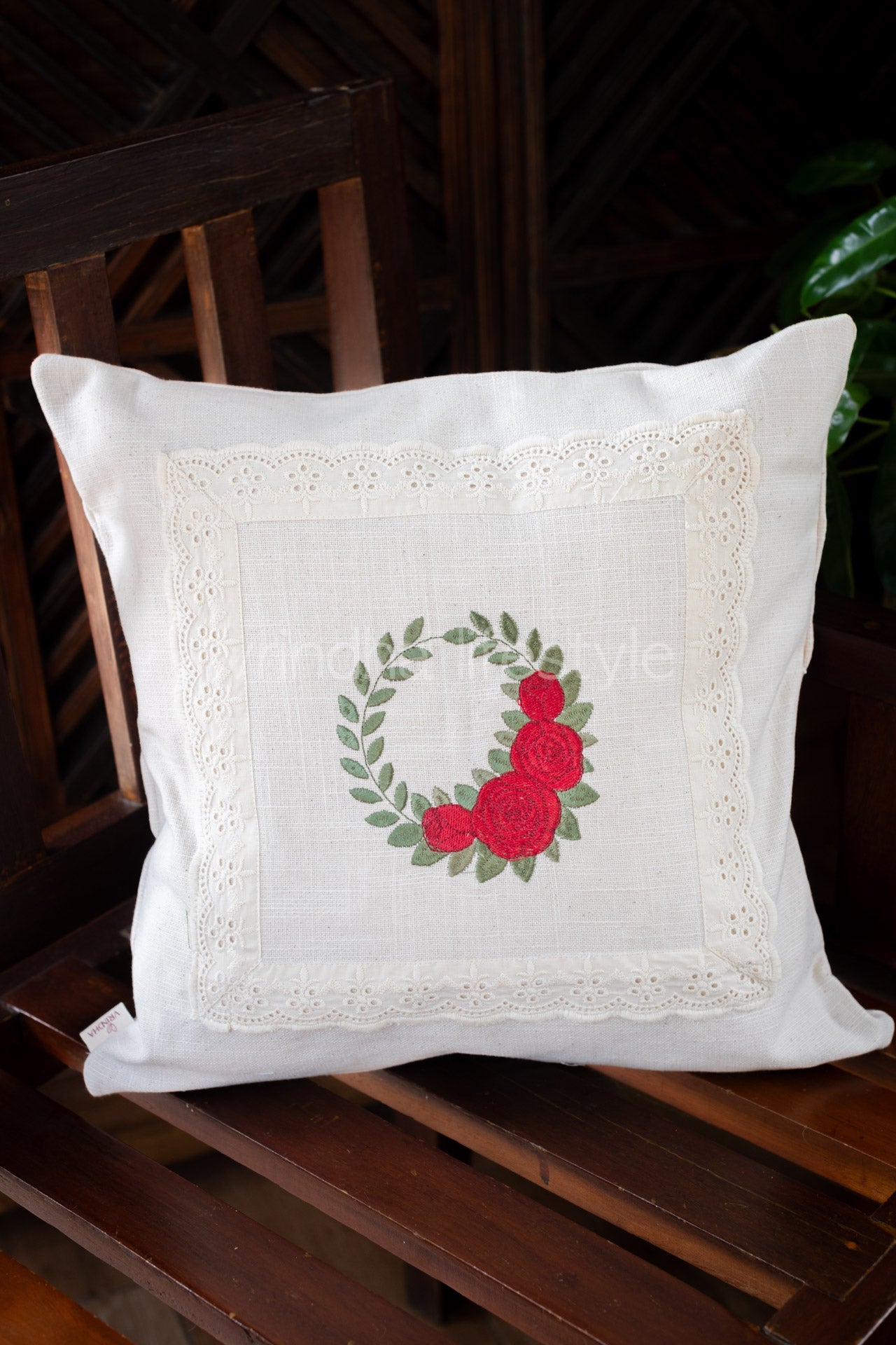 Cotton cushion cover with embroidery and lace detailing -Single unit- 16x16 inches( Customisable)