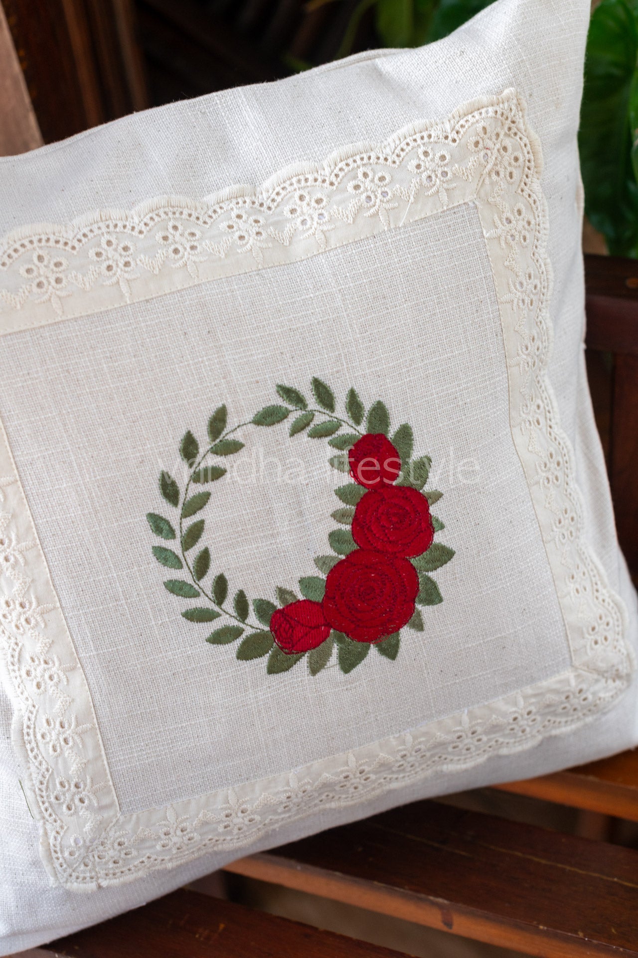 Cotton cushion cover with embroidery and lace detailing -Single unit- 16x16 inches( Customisable)