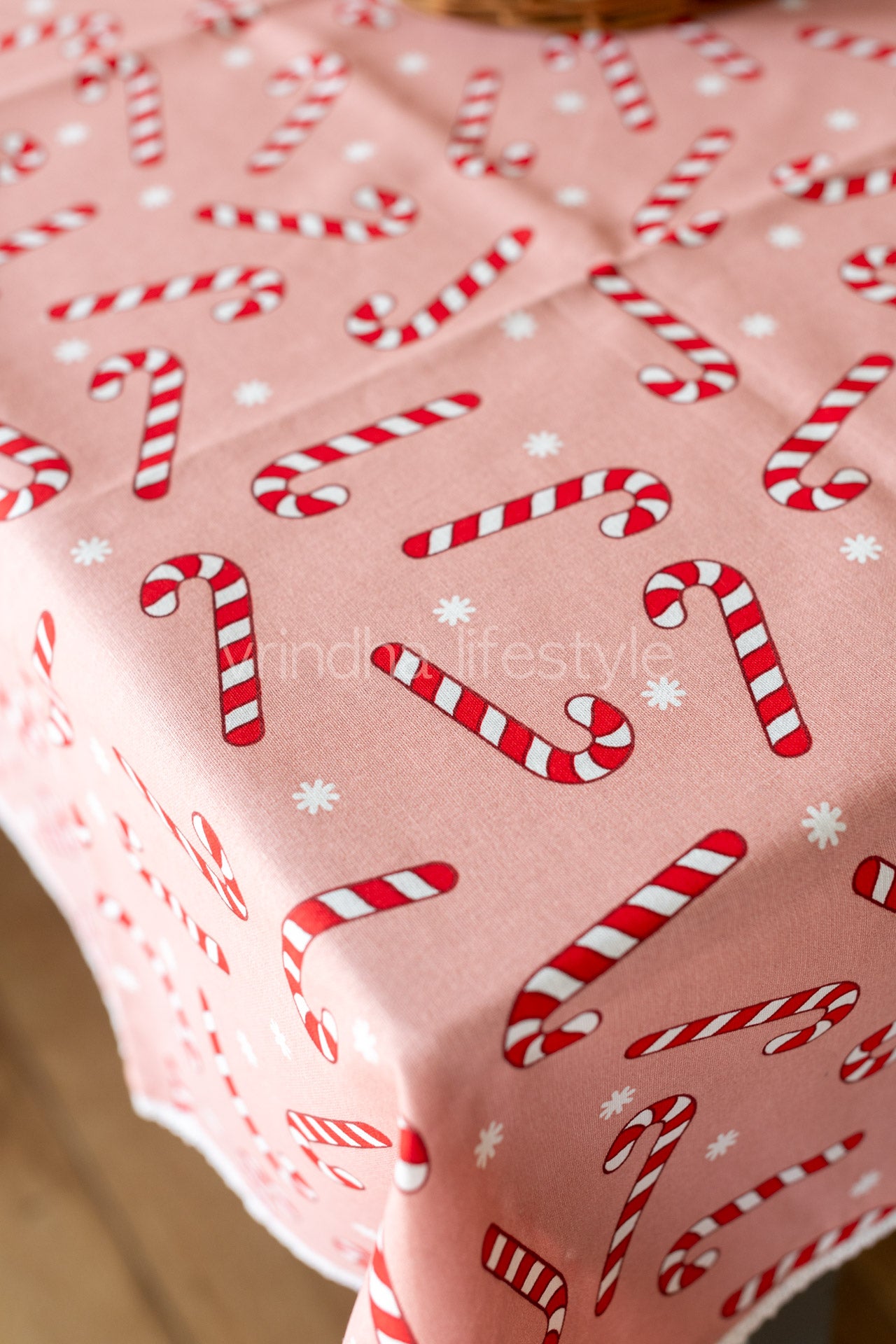 Cotton printed table cover with lace detailing-customisable