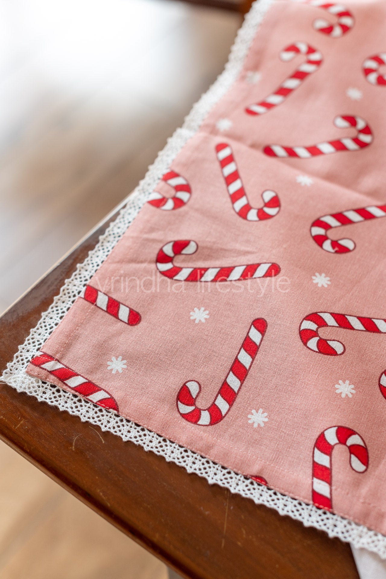 Cotton printed table cover with lace detailing-customisable