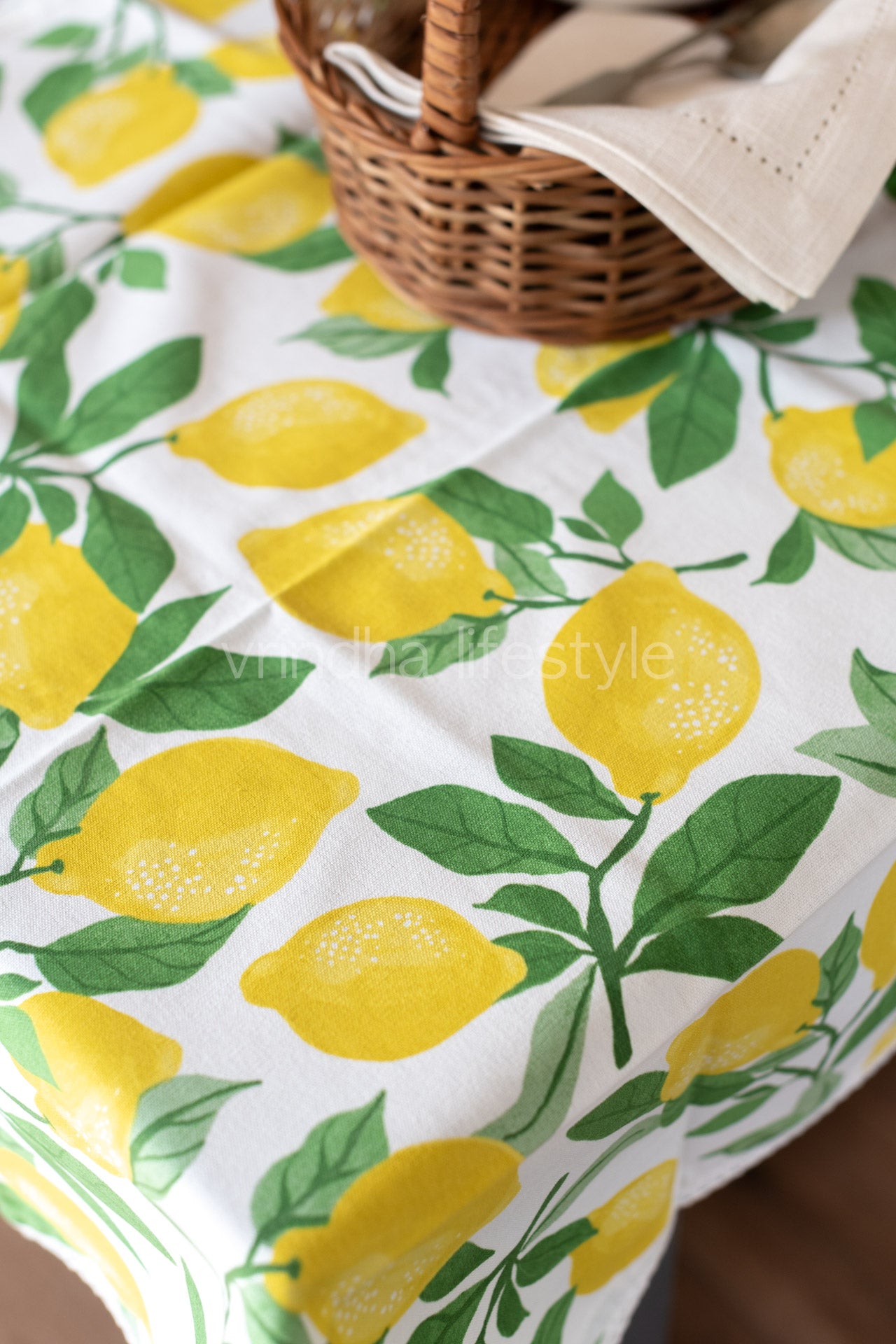 Cotton printed table cover with lace detailing-customisable