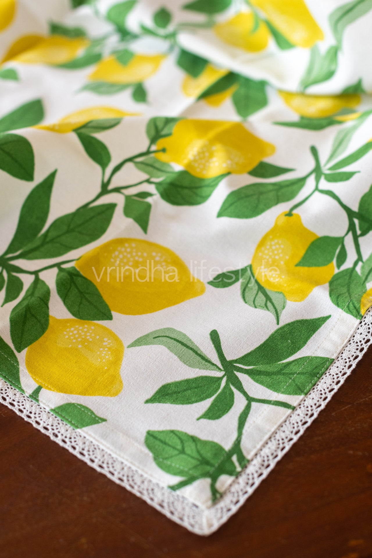 Cotton printed table cover with lace detailing-customisable