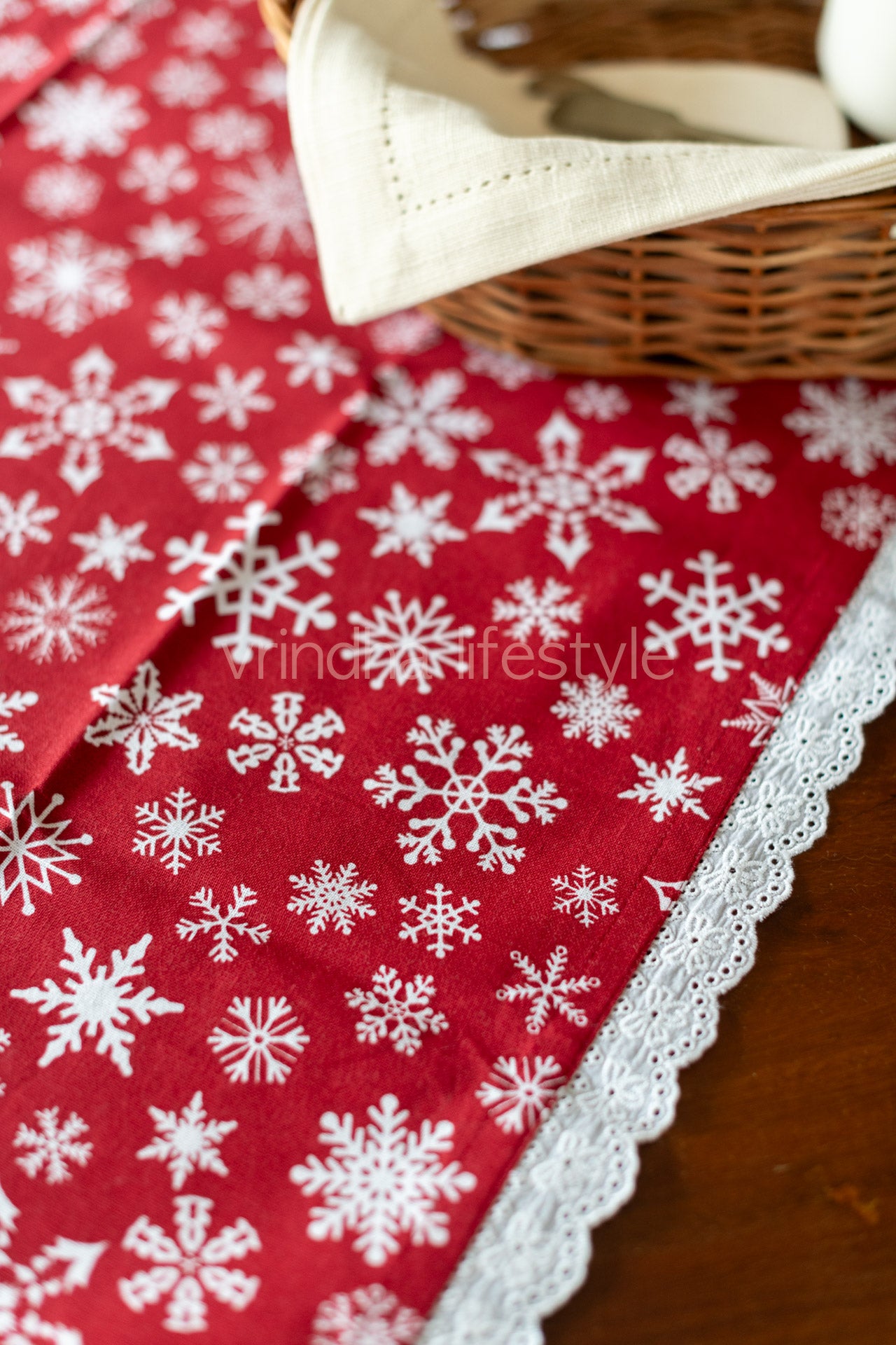 Cotton printed table cover with lace detailing-customisable