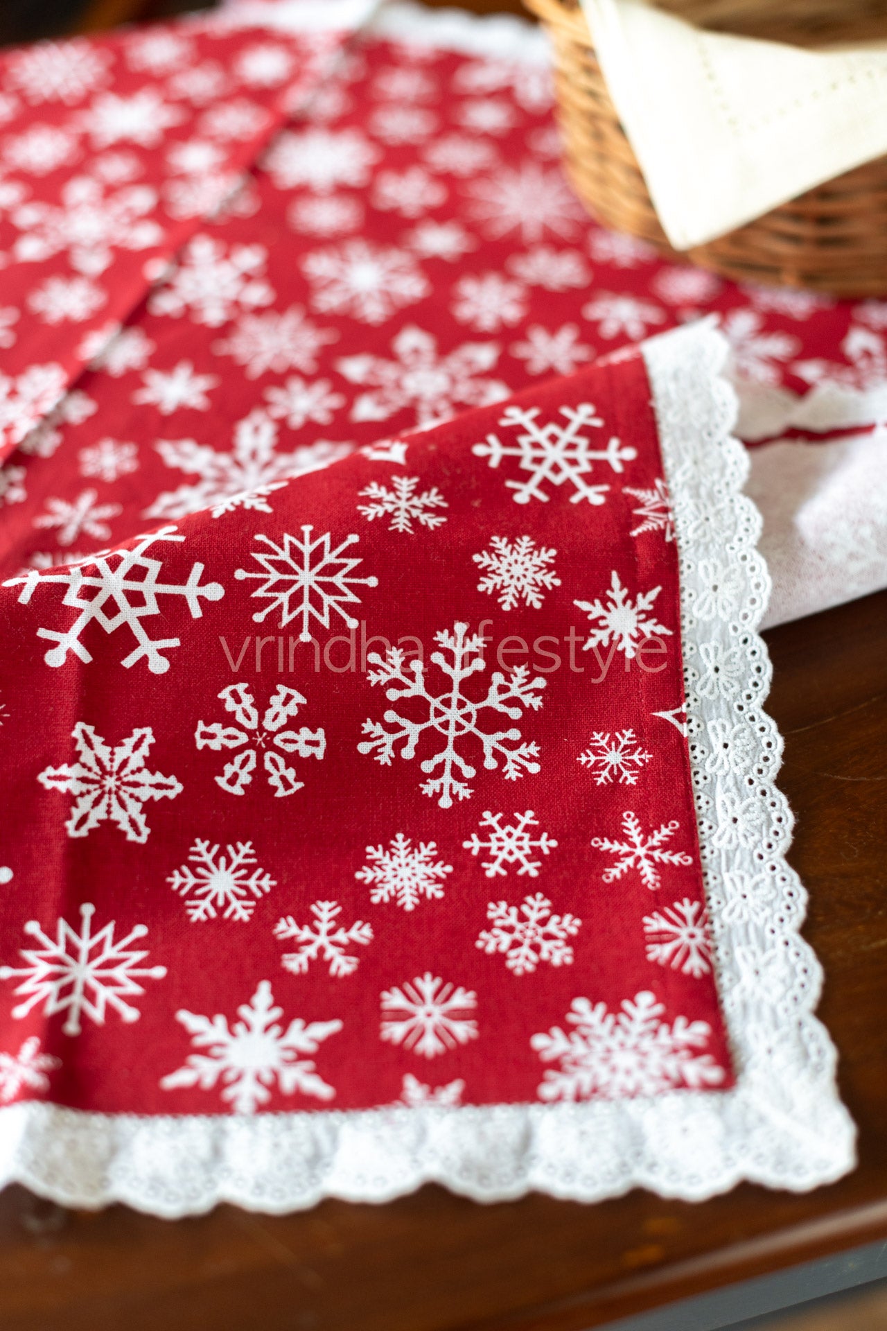 Cotton printed table cover with lace detailing-customisable