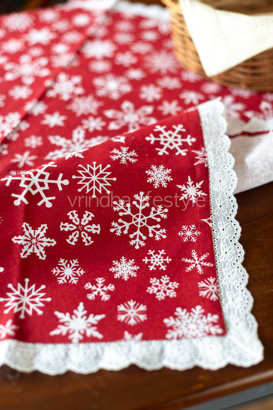 Cotton printed table cover with lace detailing-customisable