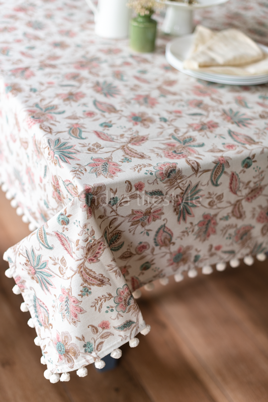 COTTON PRINTED TABLE CLOTH -with POM POM detailing ,6 seater