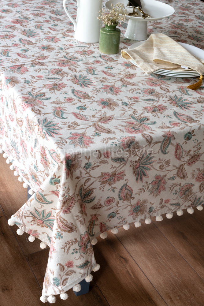 COTTON PRINTED TABLE CLOTH -with POM POM detailing ,6 seater