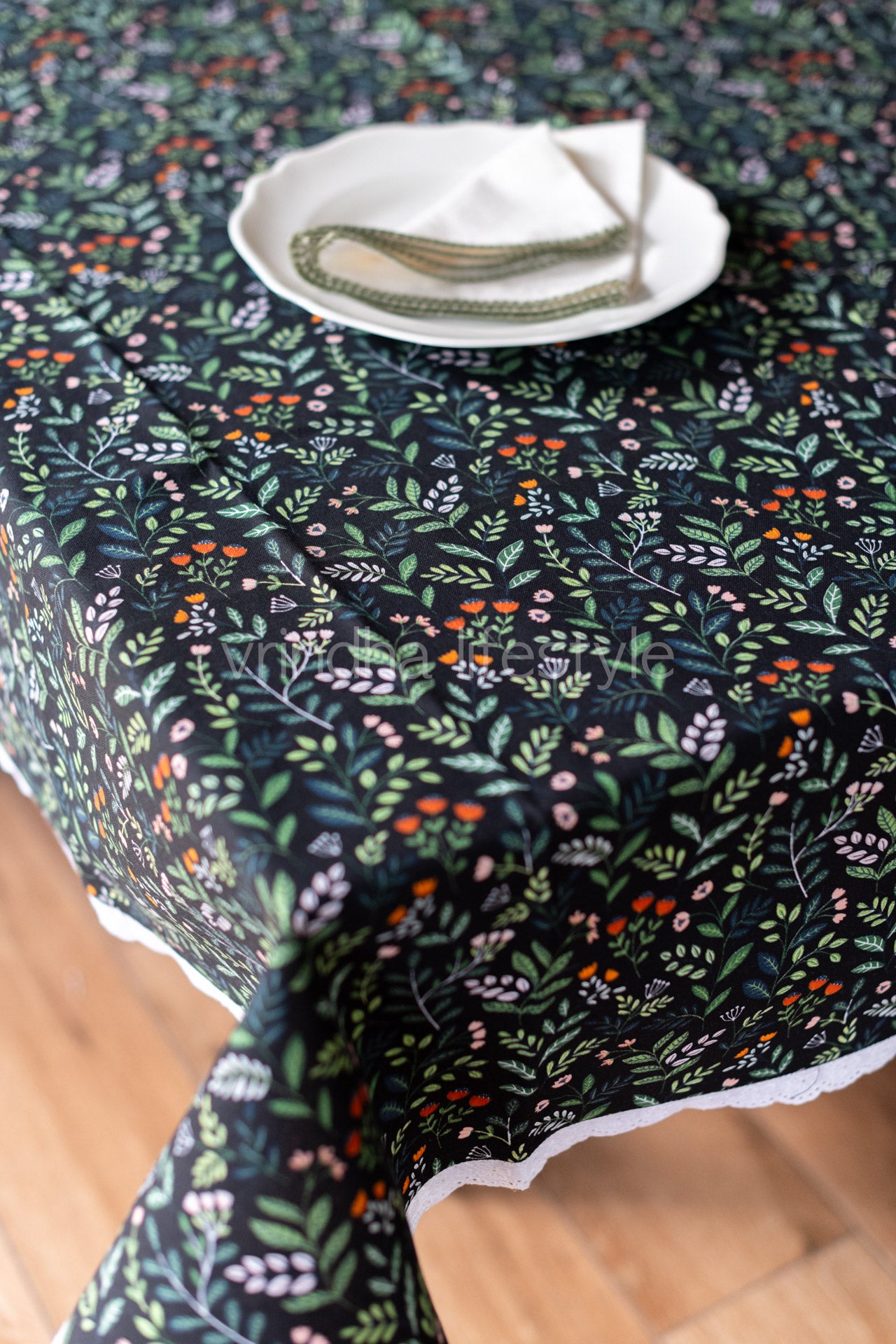 Cotton printed table cover with lace detailing-customisable