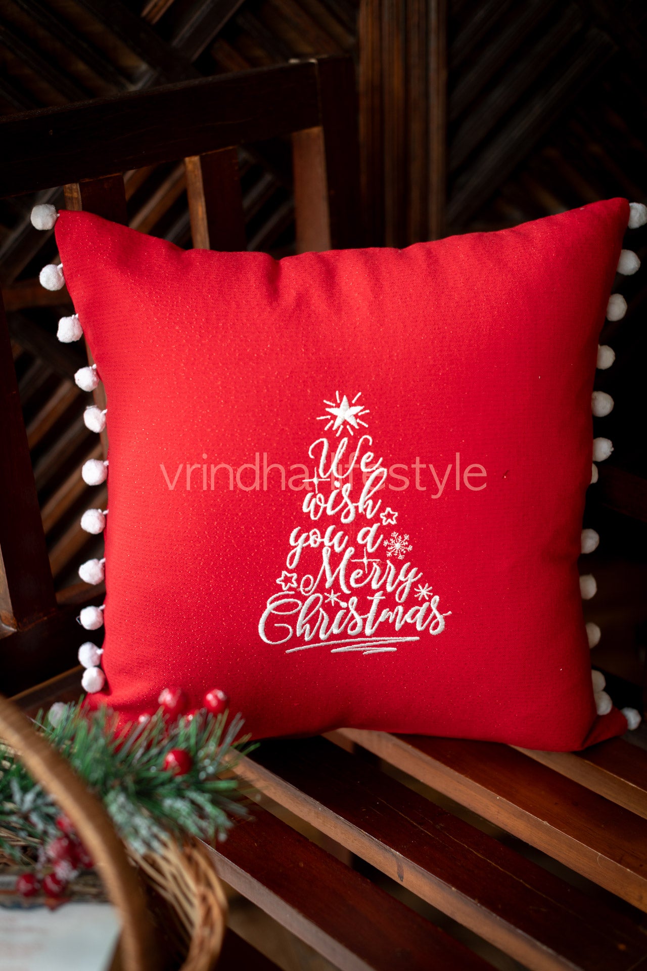 Cotton Lurex cushion cover with embroidery and pom poms-customisable