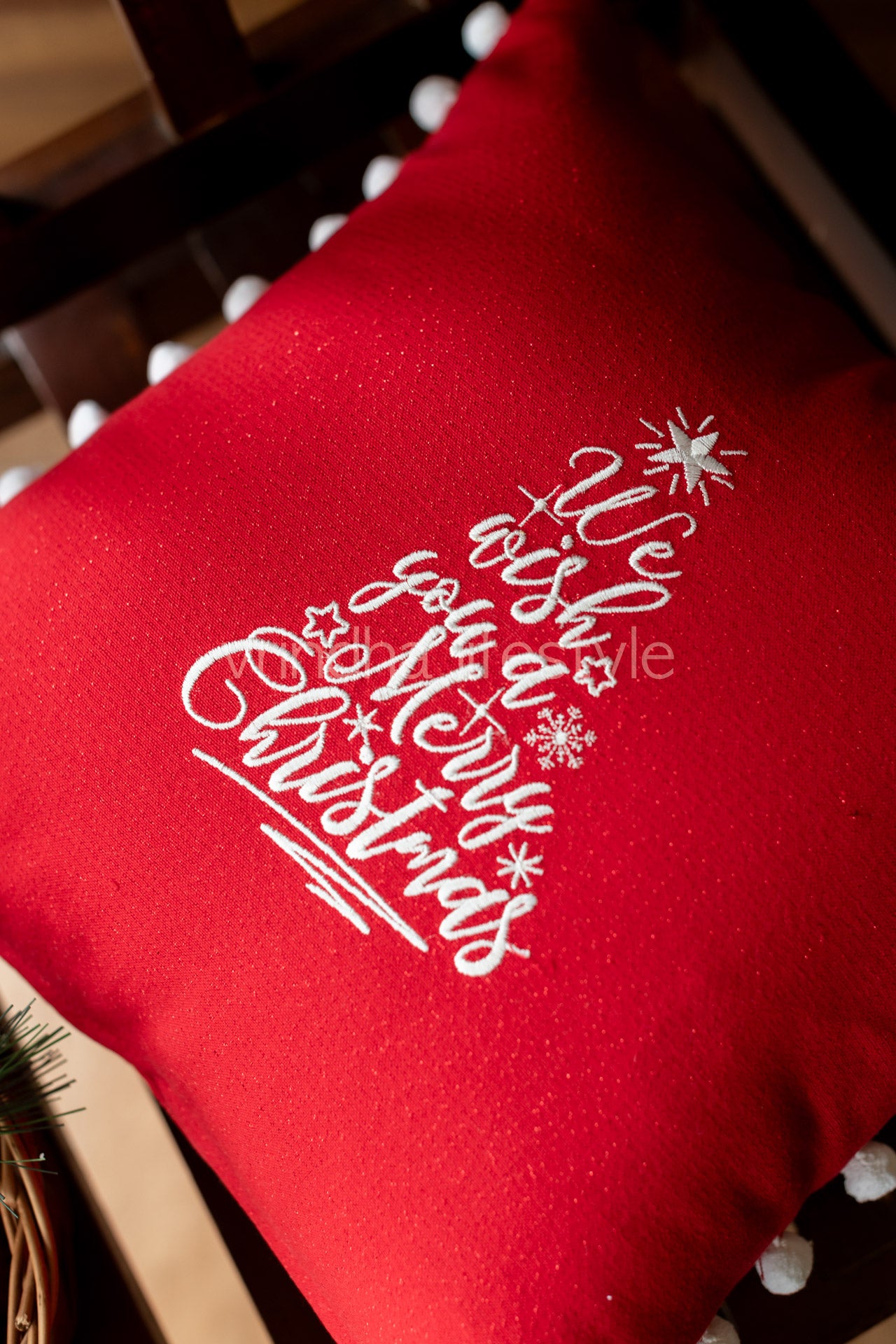 Cotton Lurex cushion cover with embroidery and pom poms-customisable