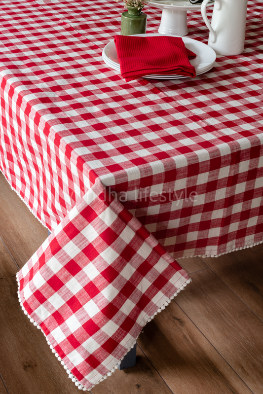 CHRISTMAS THEME TABLE CLOTH, Buffalo checks with lace detailing -8 seater (Customisable)