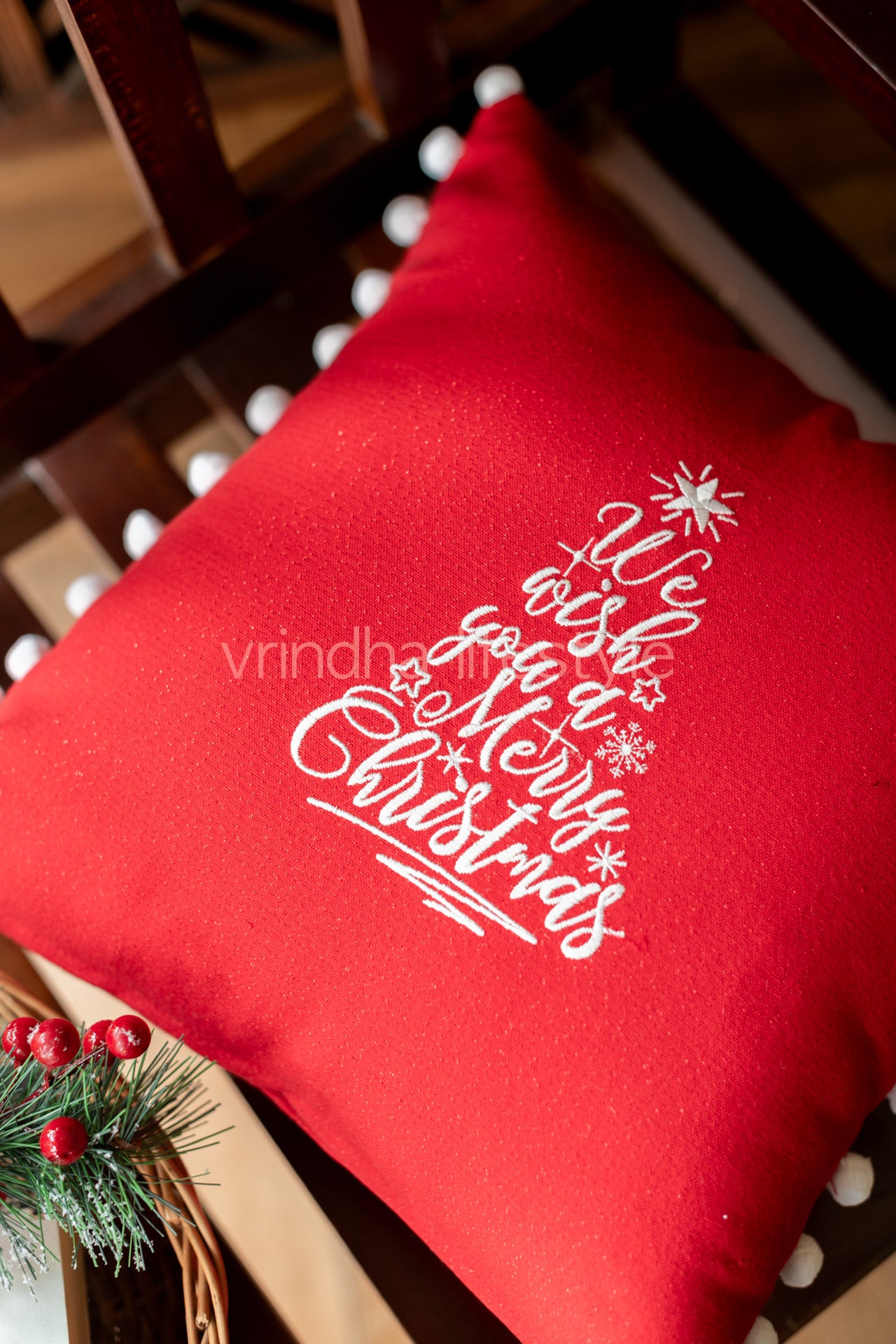 Cotton Lurex cushion cover with embroidery and pom poms-customisable