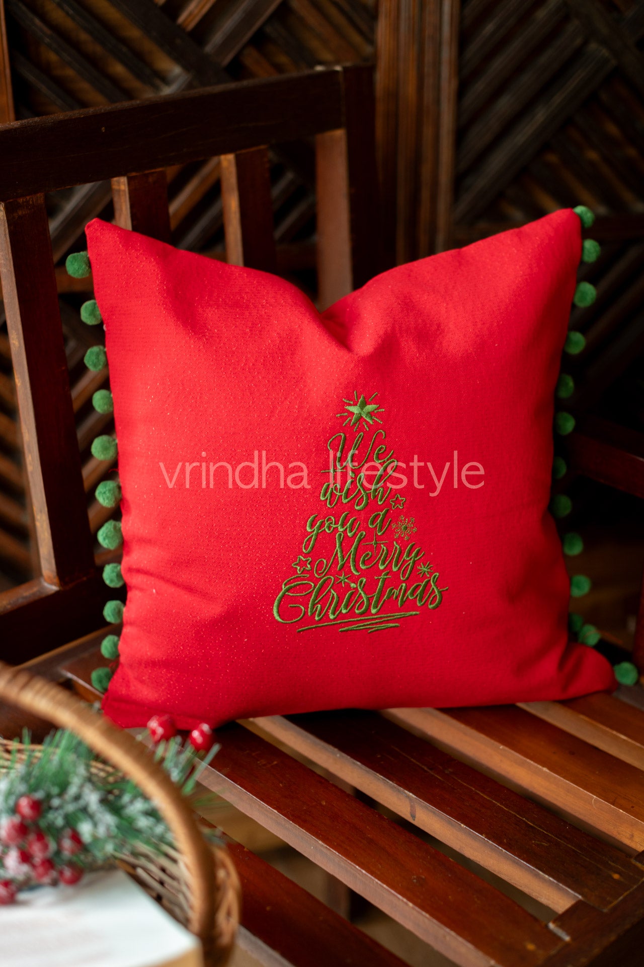 Cotton Lurex cushion cover with embroidery and pom poms-customisable