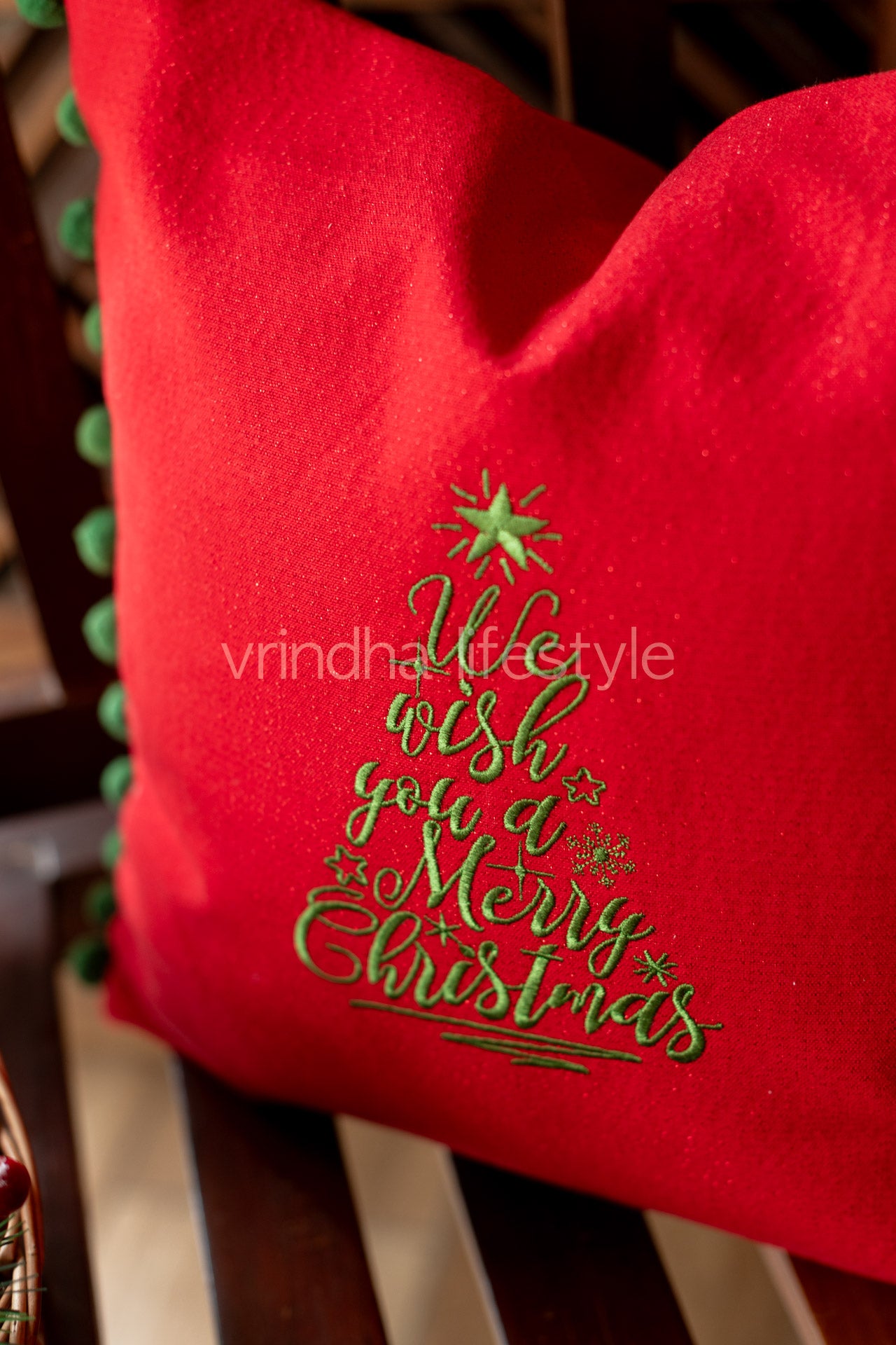 Cotton Lurex cushion cover with embroidery and pom poms-customisable