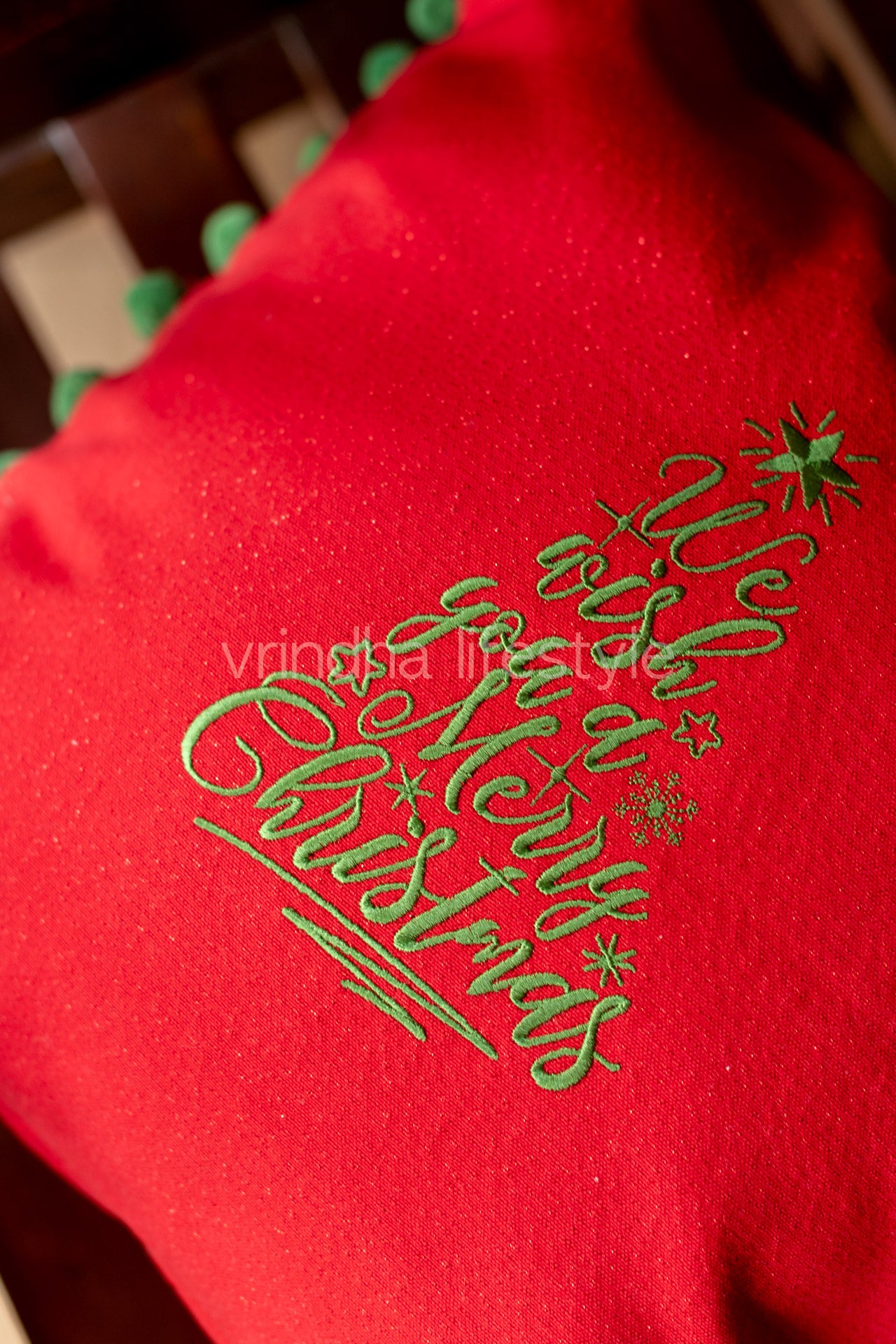 Cotton Lurex cushion cover with embroidery and pom poms-customisable