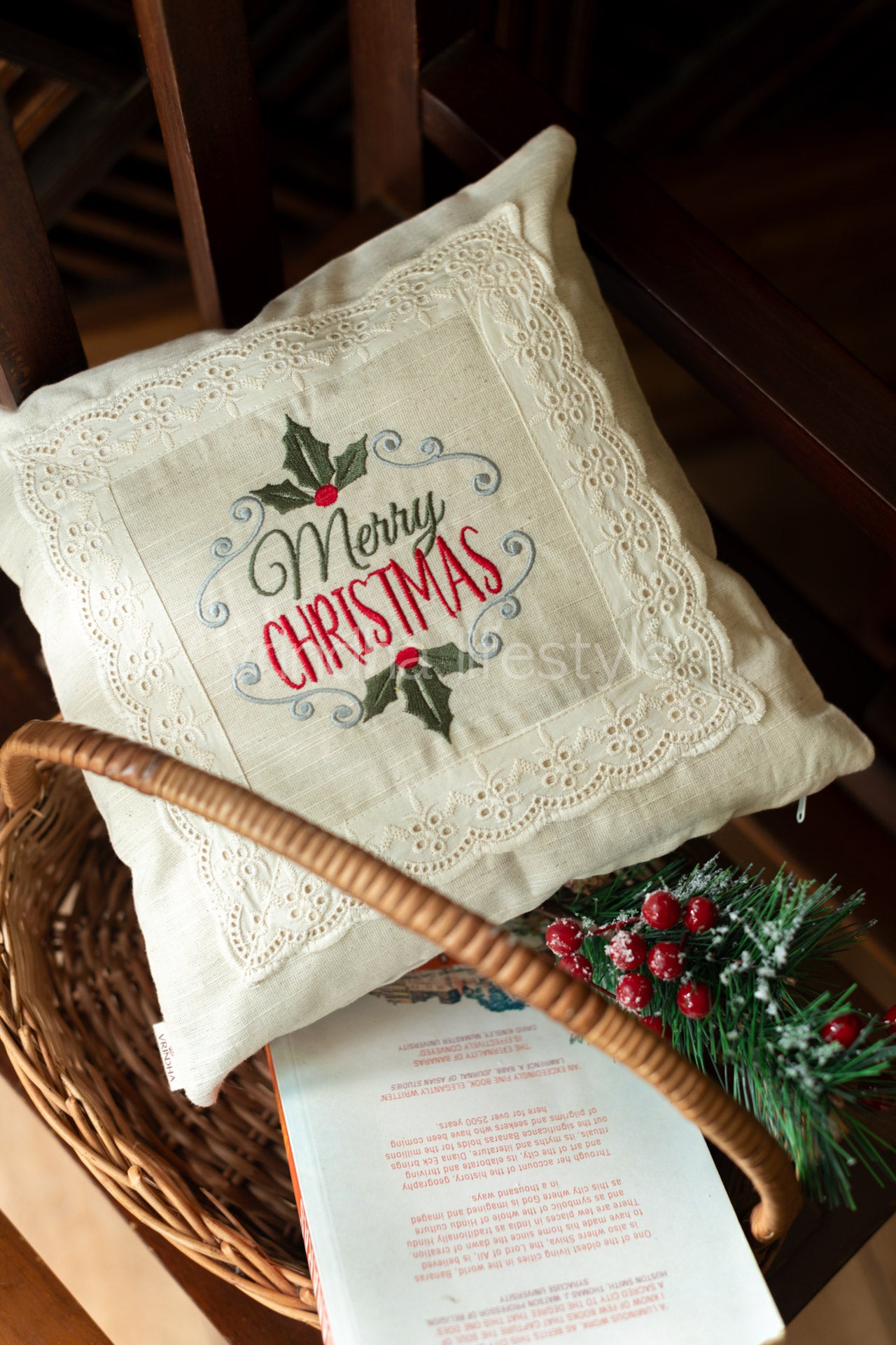 cotton cushion cover with embroidery and lace detailing -Single unit- 12x12 inches( Customisable)