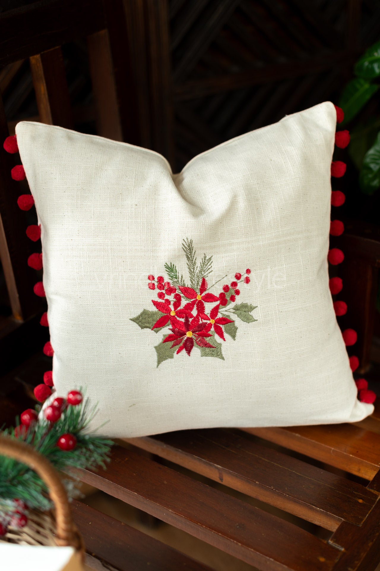 Cotton cushion cover with embroidery and pom poms-customisable