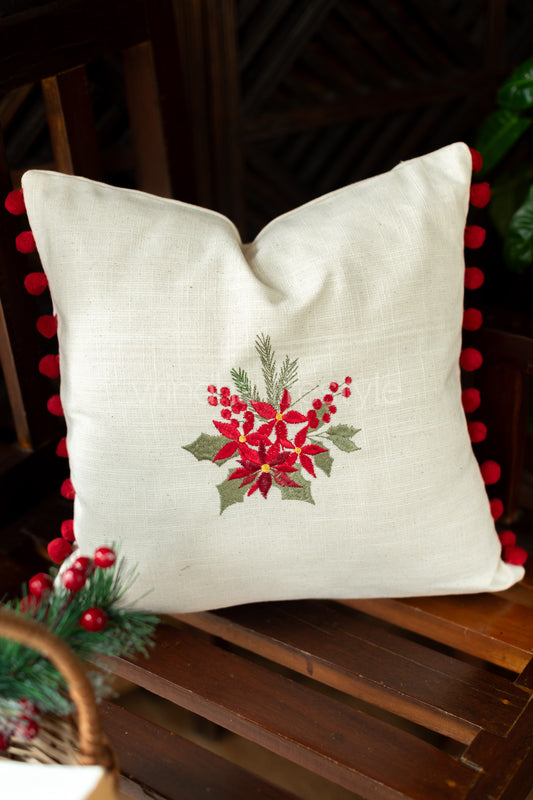 Cotton cushion cover with embroidery and pom poms-customisable