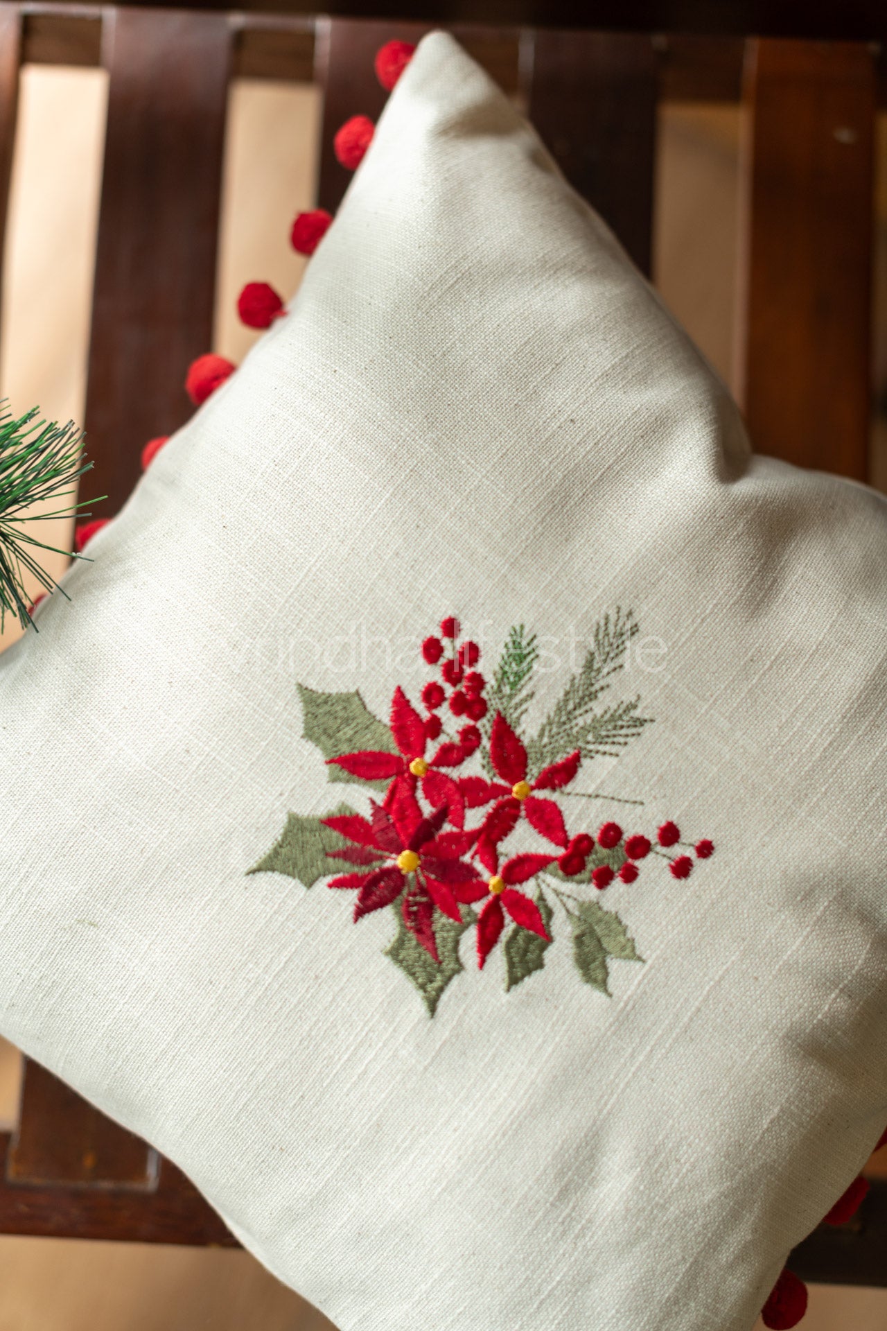 Cotton cushion cover with embroidery and pom poms-customisable