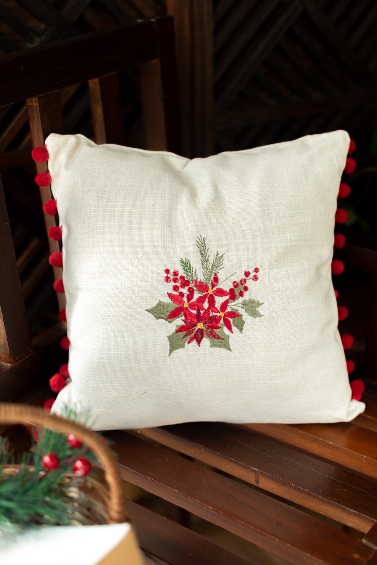 Cotton cushion cover with embroidery and pom poms-customisable