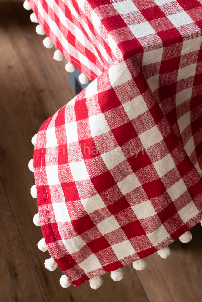 CHRISTMAS THEME TABLE CLOTH-Buffalo checks with pompom detailing- 8 seater-(customisable)