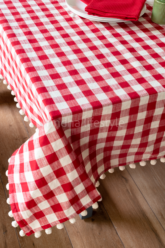 CHRISTMAS THEME TABLE CLOTH-Buffalo checks with pompom detailing- 8 seater-(customisable)