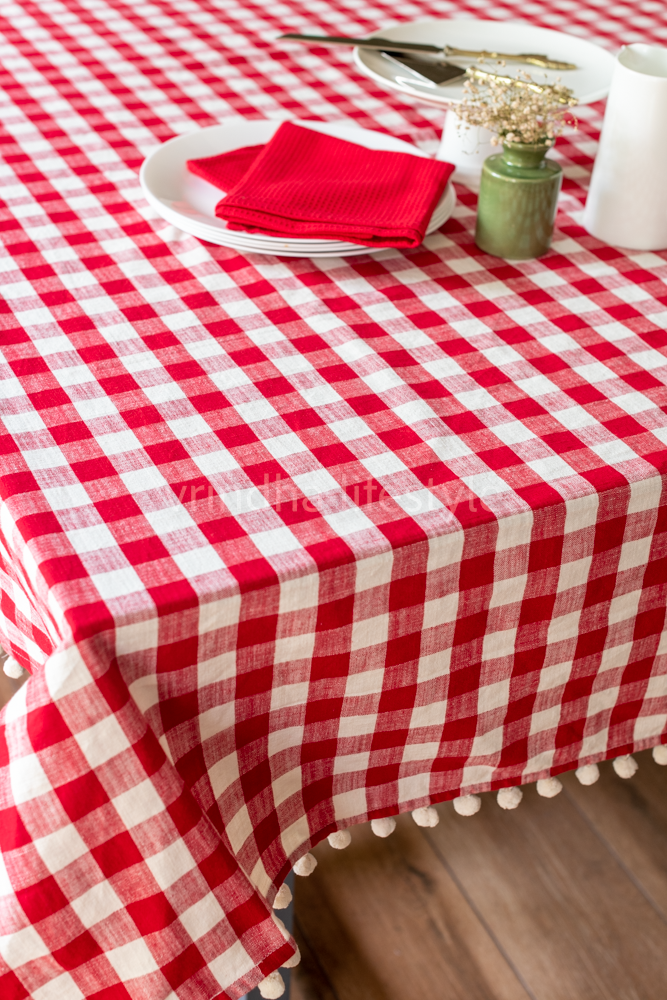 CHRISTMAS THEME TABLE CLOTH-Buffalo checks with pompom detailing- 8 seater-(customisable)