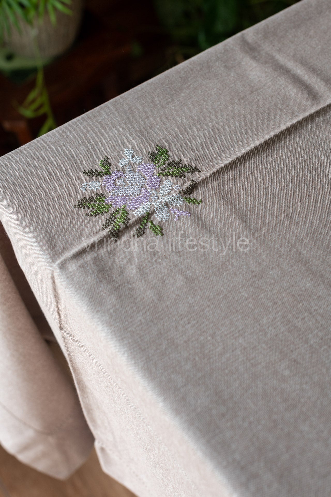 COTTON TABLE CLOTH with cross stitch embroidery  -Square 6/8 seater