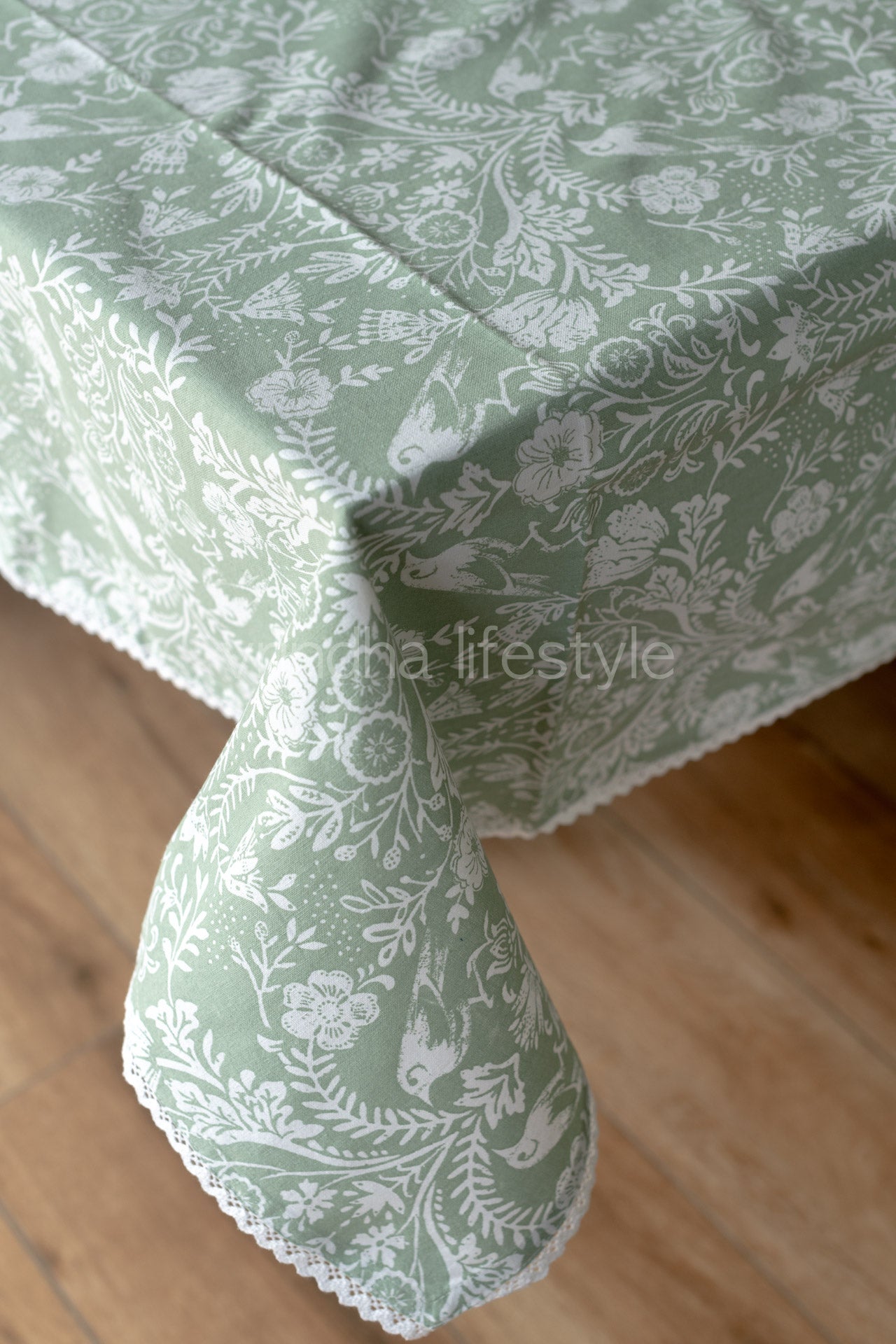 Cotton printed table cover with lace detailing-10 seater