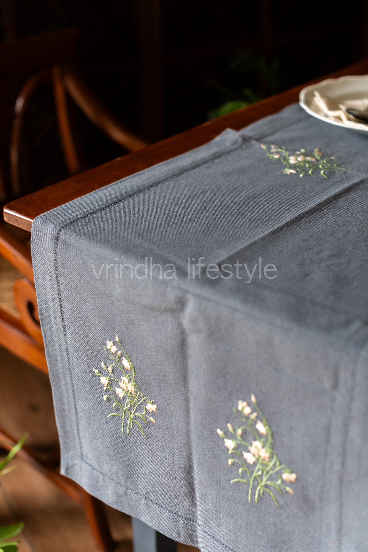 Cotton table runner with floral embroidery-6 seater -18x56 inches