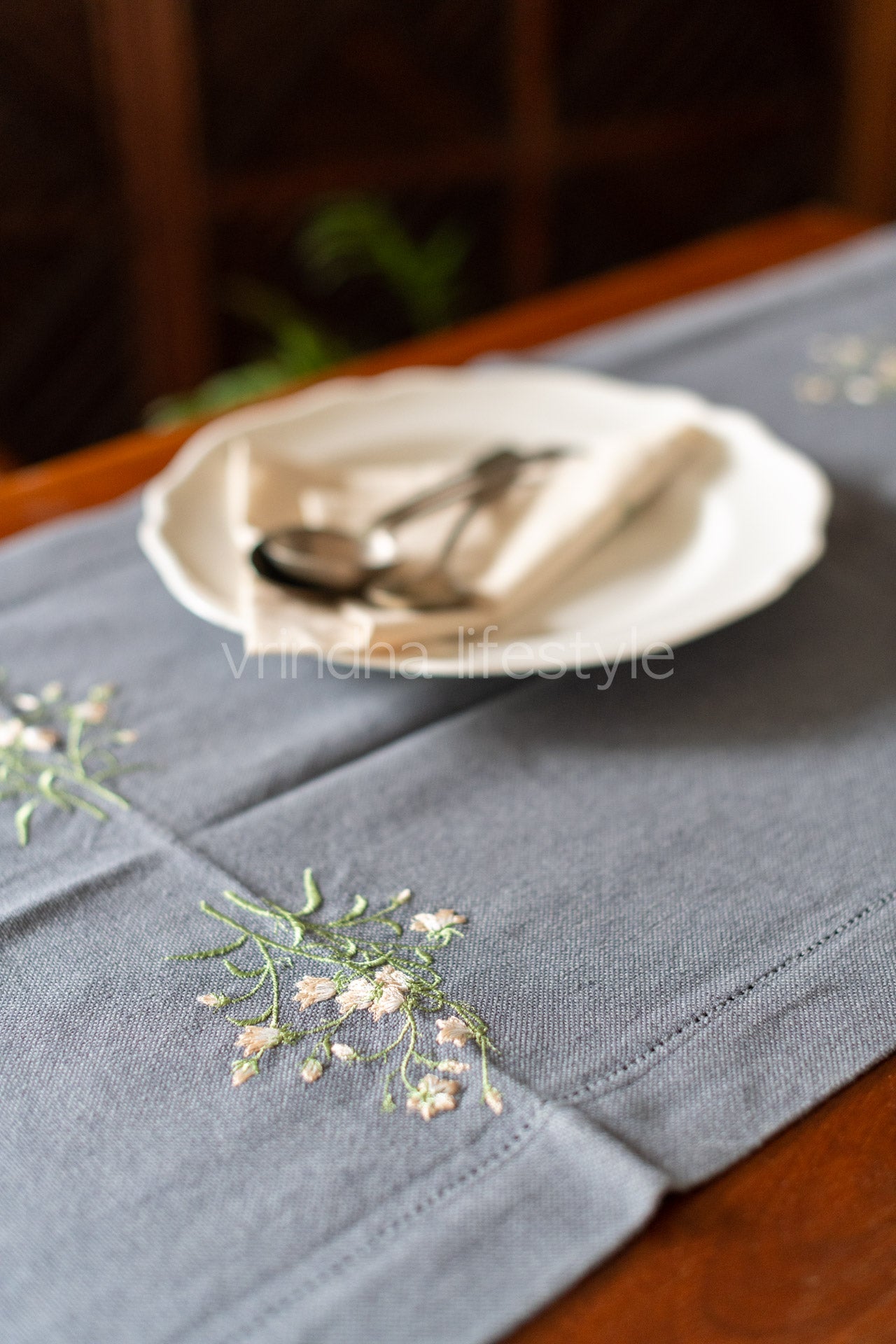 Cotton table runner with floral embroidery-6 seater -18x56 inches